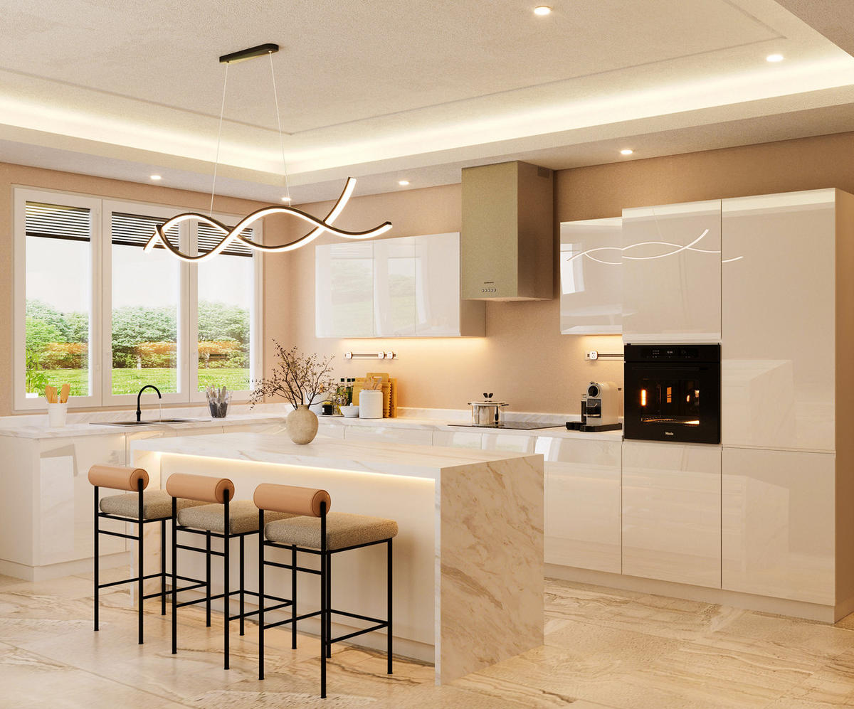 INSELKÜCHE-KÜCHENZEILE 420x220 cm Glanzia – KU-S17 – Weiß – Hochglanz - Weiß Hochglanz, Holzwerkstoff (420/212/220cm) - hi-markt