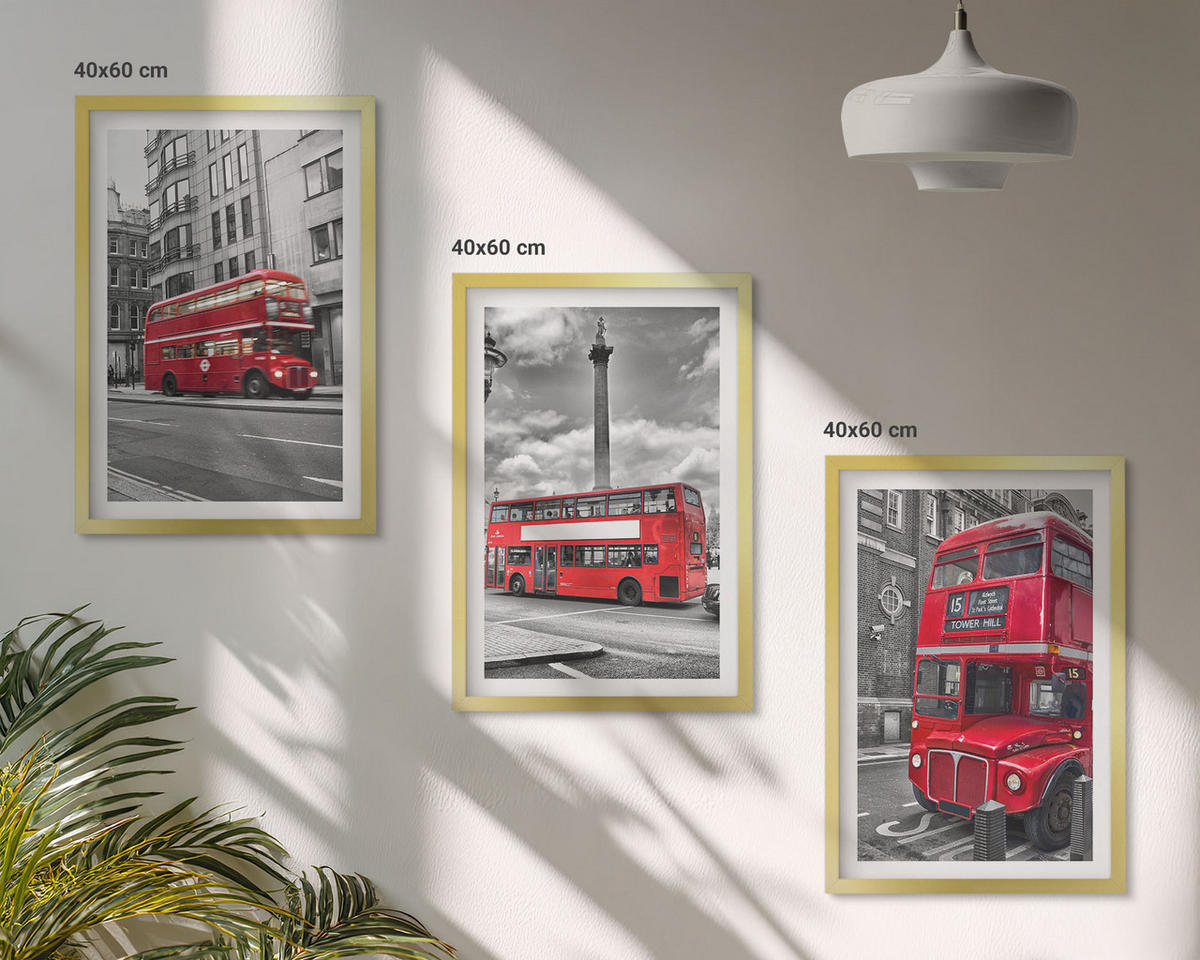 WANDBILDER 3er Set - 40x60 cm Goldrahmen - Rote Busse in London - Goldfarben, Kunststoff (40/60cm) - ArtPrintCave