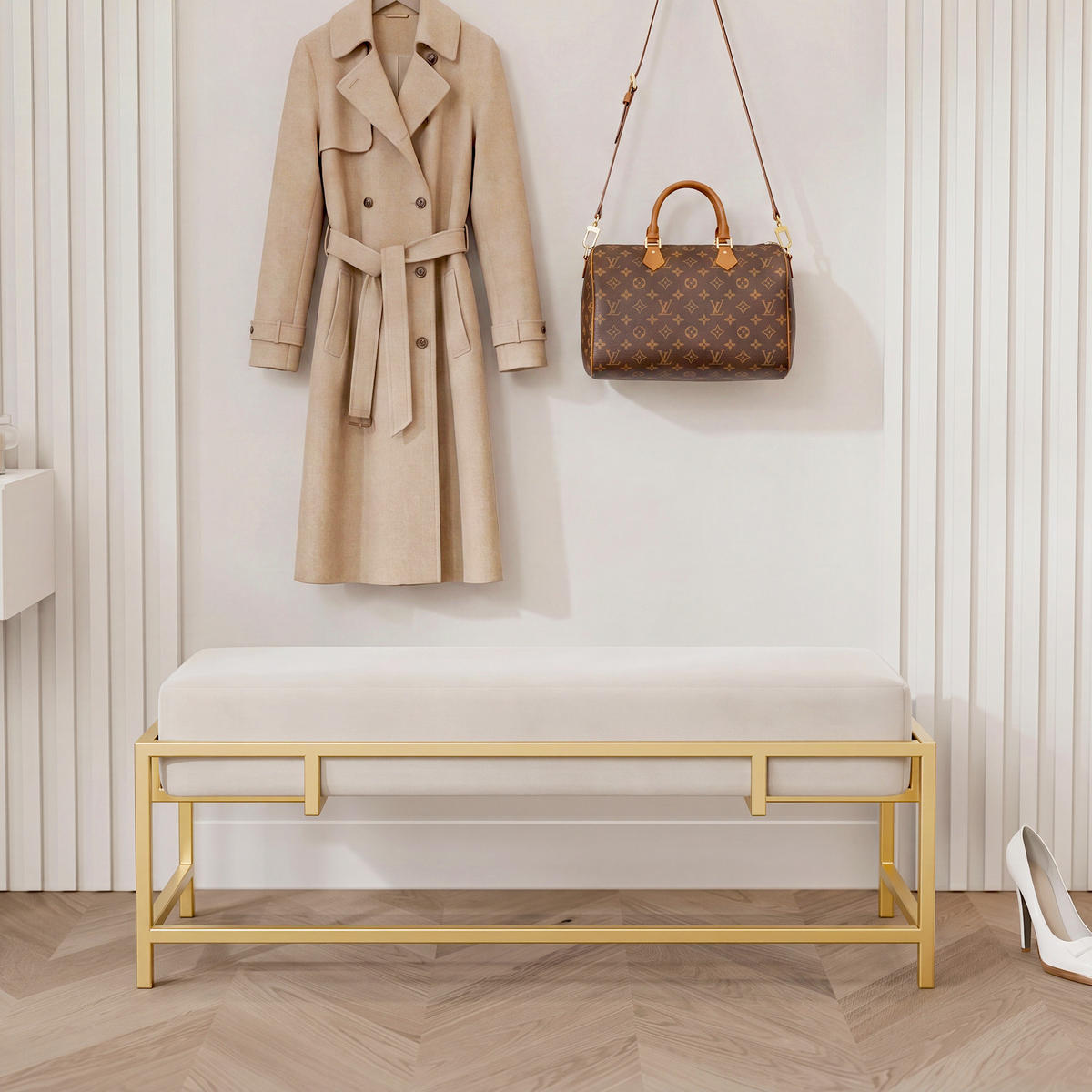 POLSTERBANK GLAM 80 cm Gold / Creme ,Metallgestell - Creme, Metall (80/45/35cm) - Idohome