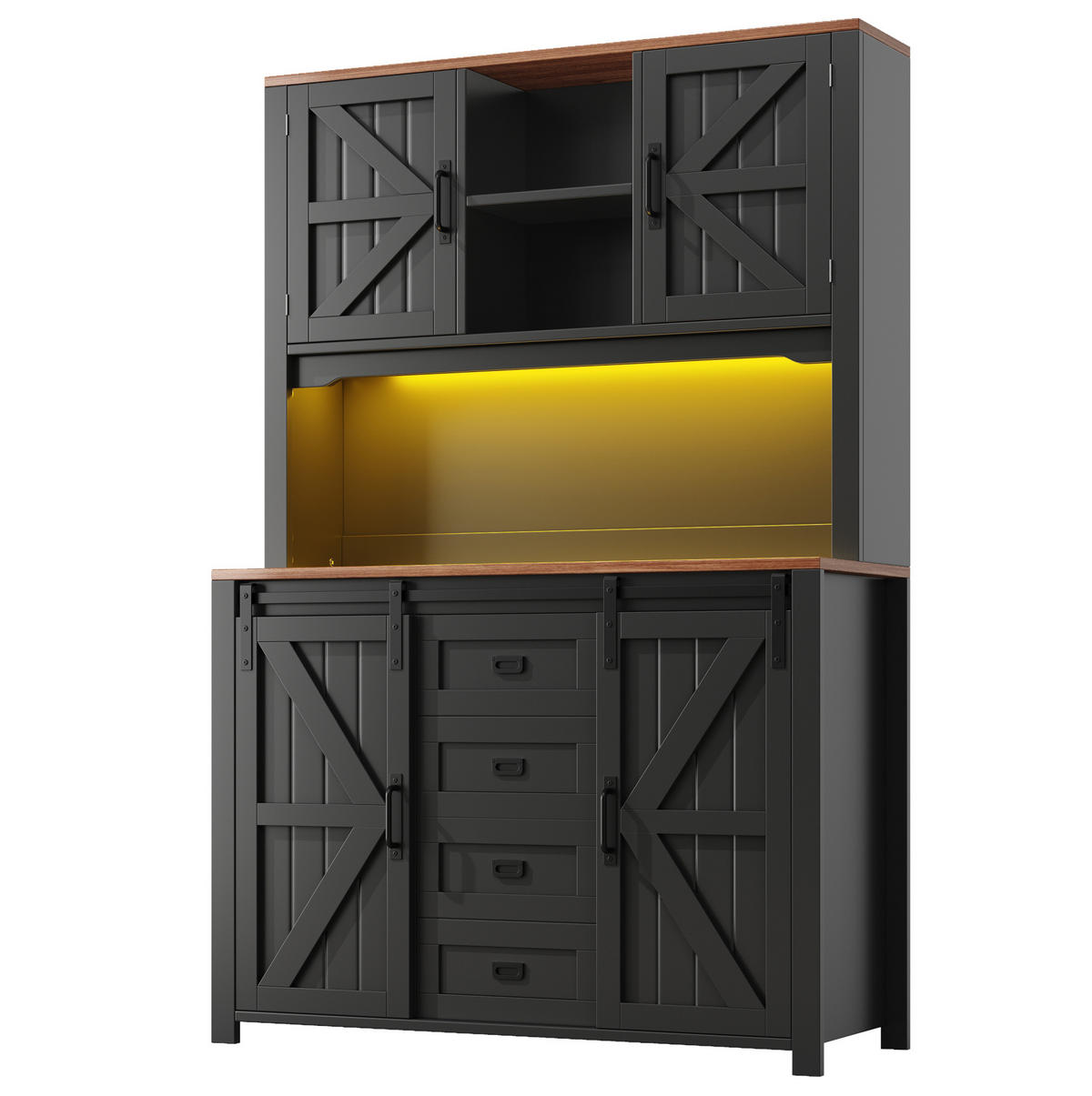 BUFFET 115/40/174,7 cm in Schwarz mit LED-Beleuchtung und Schiebetüren - Schwarz, Holzwerkstoff (115/174.7/40cm) - Flora Grace