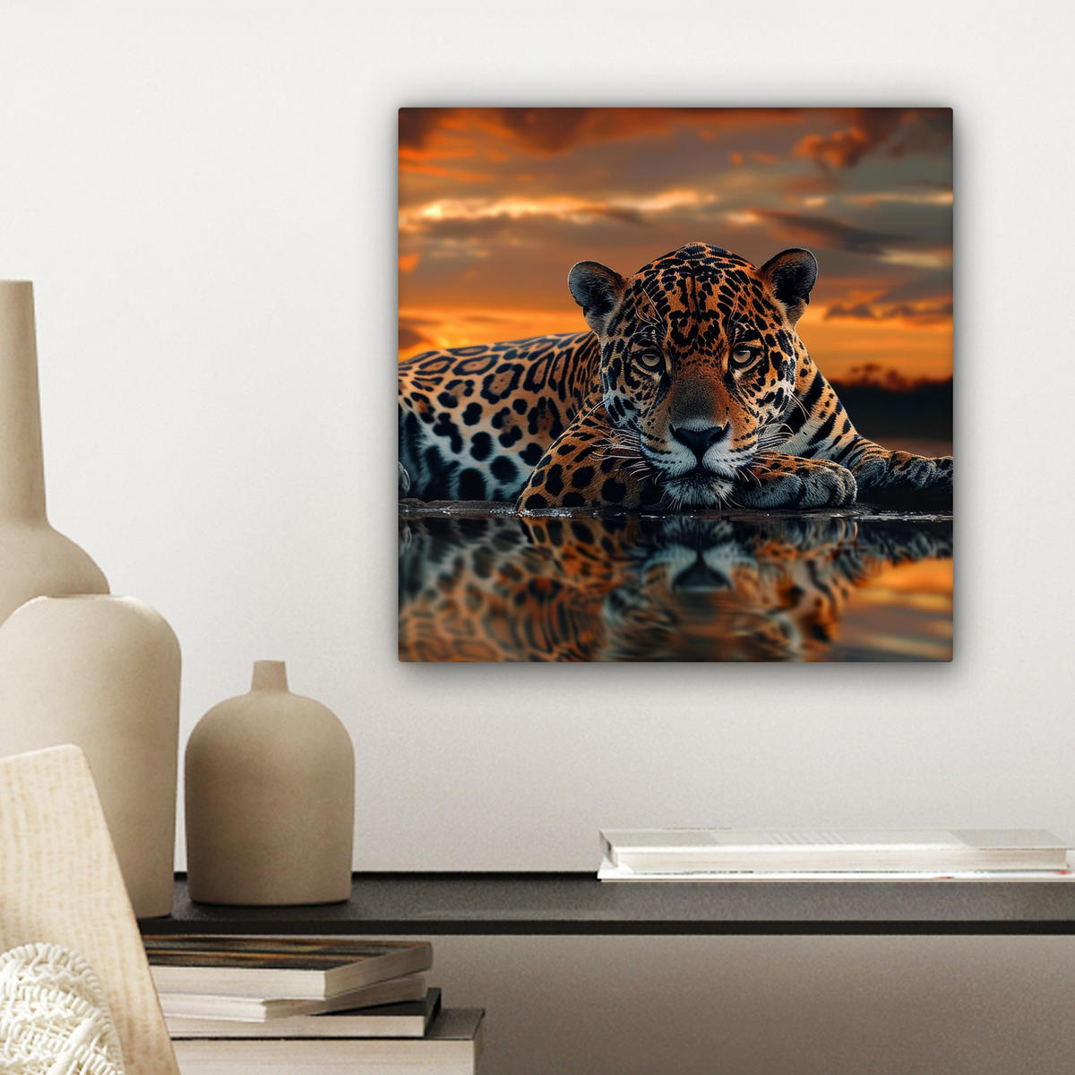 LEINWANDBILD Natur - Leopard - Tier - Sonnenuntergang - Modern Deko Wohnzimmer 20x20 cm - Orange, Textil (20/20cm) - MuchoWow