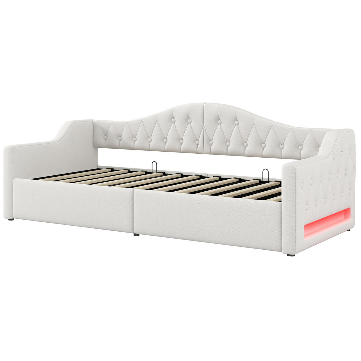 POLSTERBETT 90/200 cm Beige aus MDF mit Stauraum und LED-Beleuchtung - Beige, Holzwerkstoff (90/200cm) - OKMYHOME