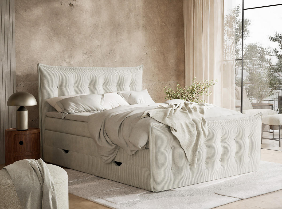 BOXSPRINGBETT Fatu 160/200 cm, in Creme, Bettkasten, Matratze, Topper - Creme/Schwarz, Holz/Holzwerkstoff (160/200cm) - Maison de Reve