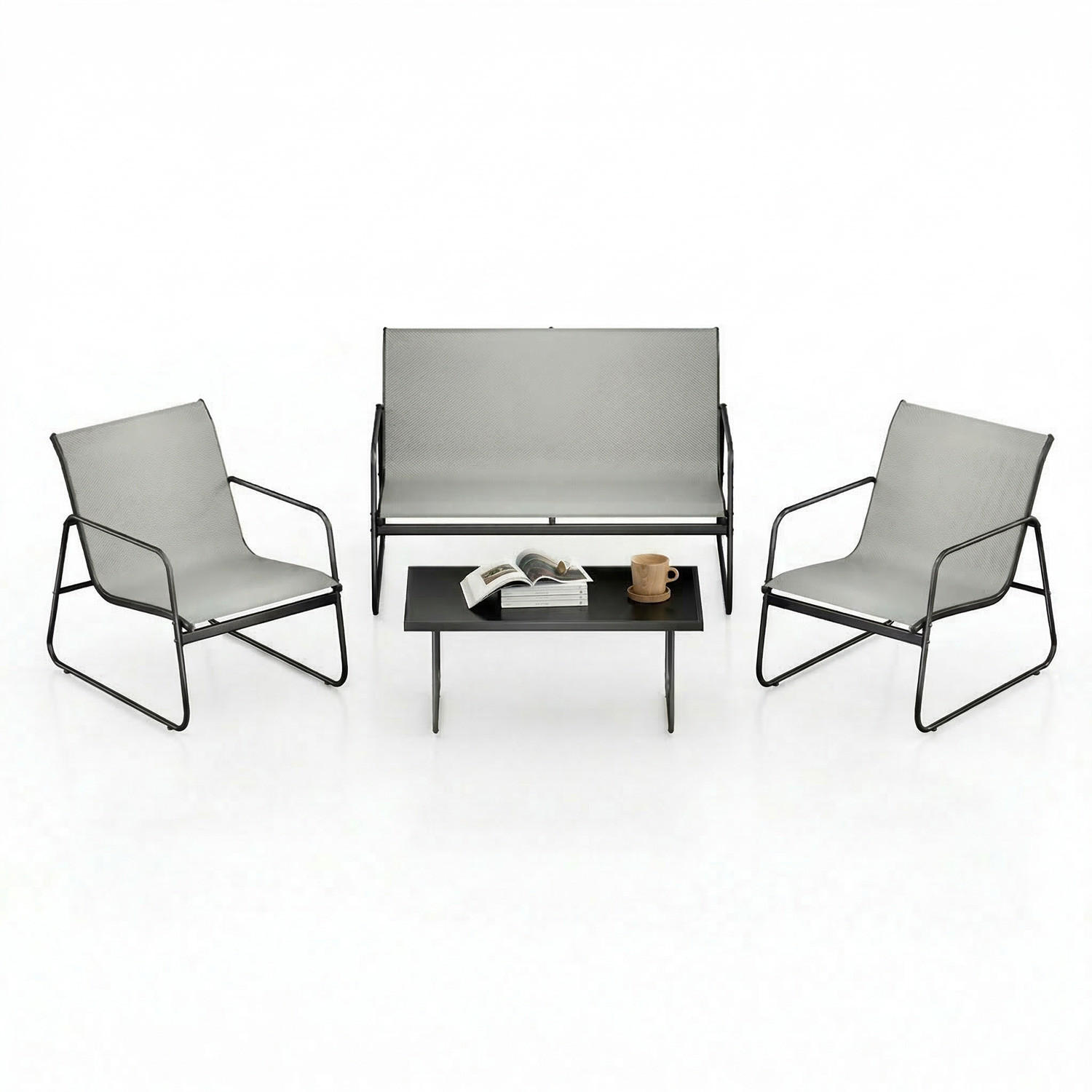 ECKSOFA Gartenmöbel Set 4tlg Schwarz Grau Loungeset - Dunkelgrau, Textil - Rattrix