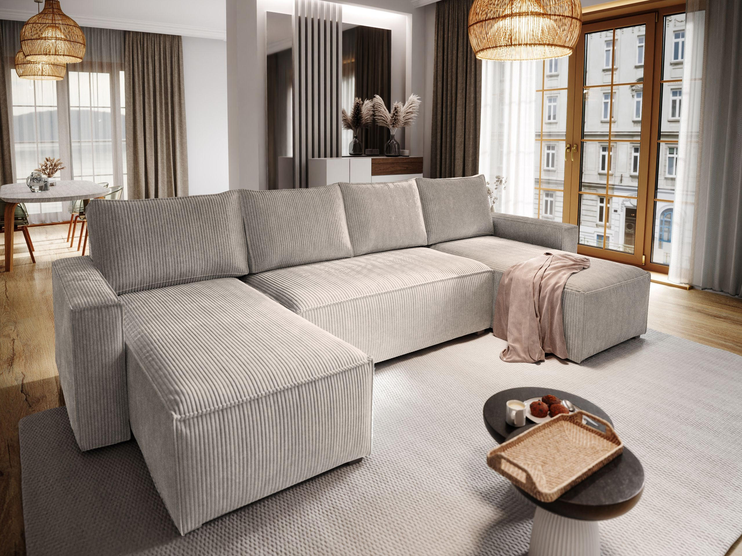 WOHNLANDSCHAFT ASPRA Beige Kordstoff mit Schlaffunktion - Beige, Holz (295/85/140cm) - MASSENO