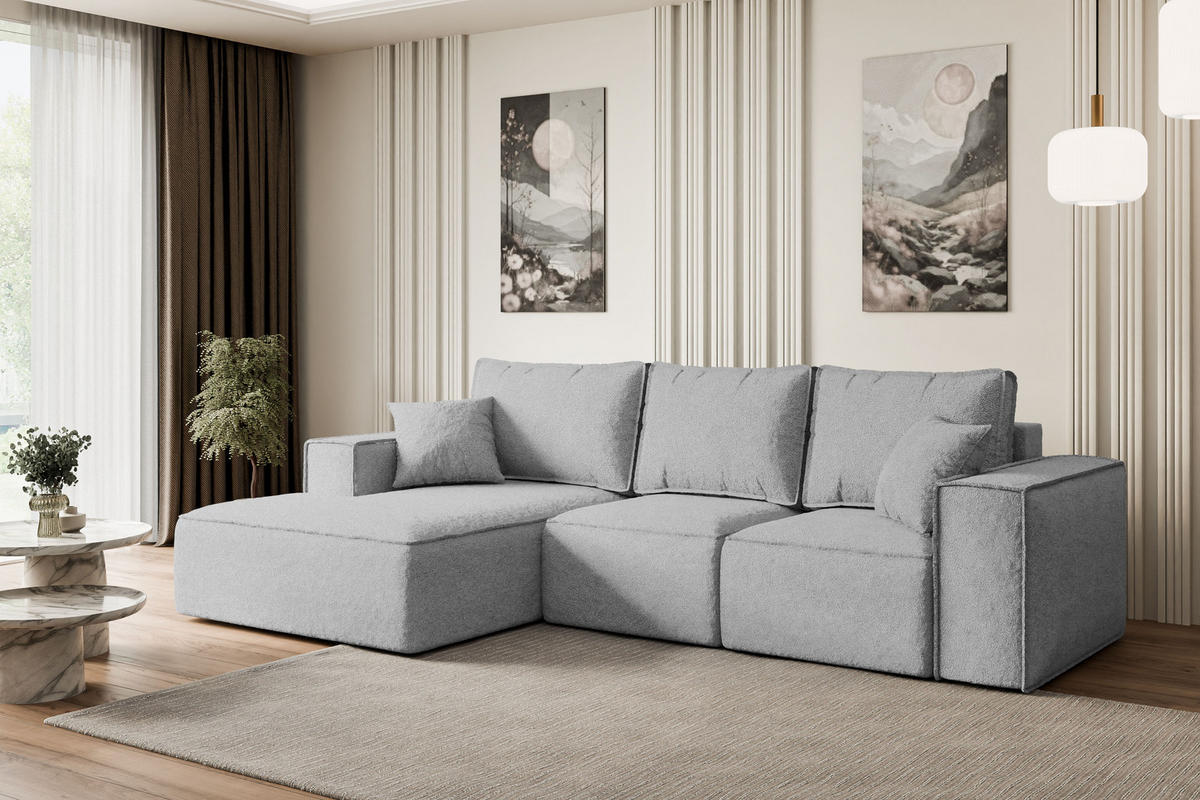 ECKSOFA mit Schlaffunktion und Bettkasten SERRA-L-S - 266x161x87 cm Hellgrau Bouclé - Hellgrau/Schwarz, Holzwerkstoff/Kunststoff (266/161cm) - ALTDECOR