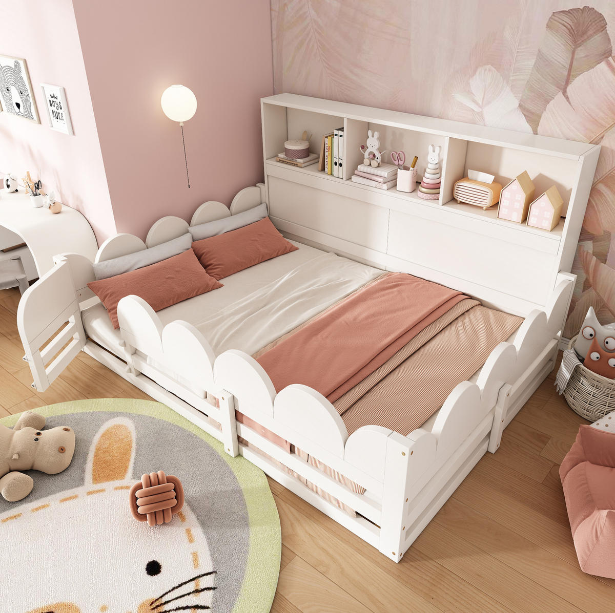 KINDERBODENBETT 140/190 cm aus Holz mit Tür Rausfallschutz und Regal Weiß - Weiß, Holz (90/200cm) - Modenvie