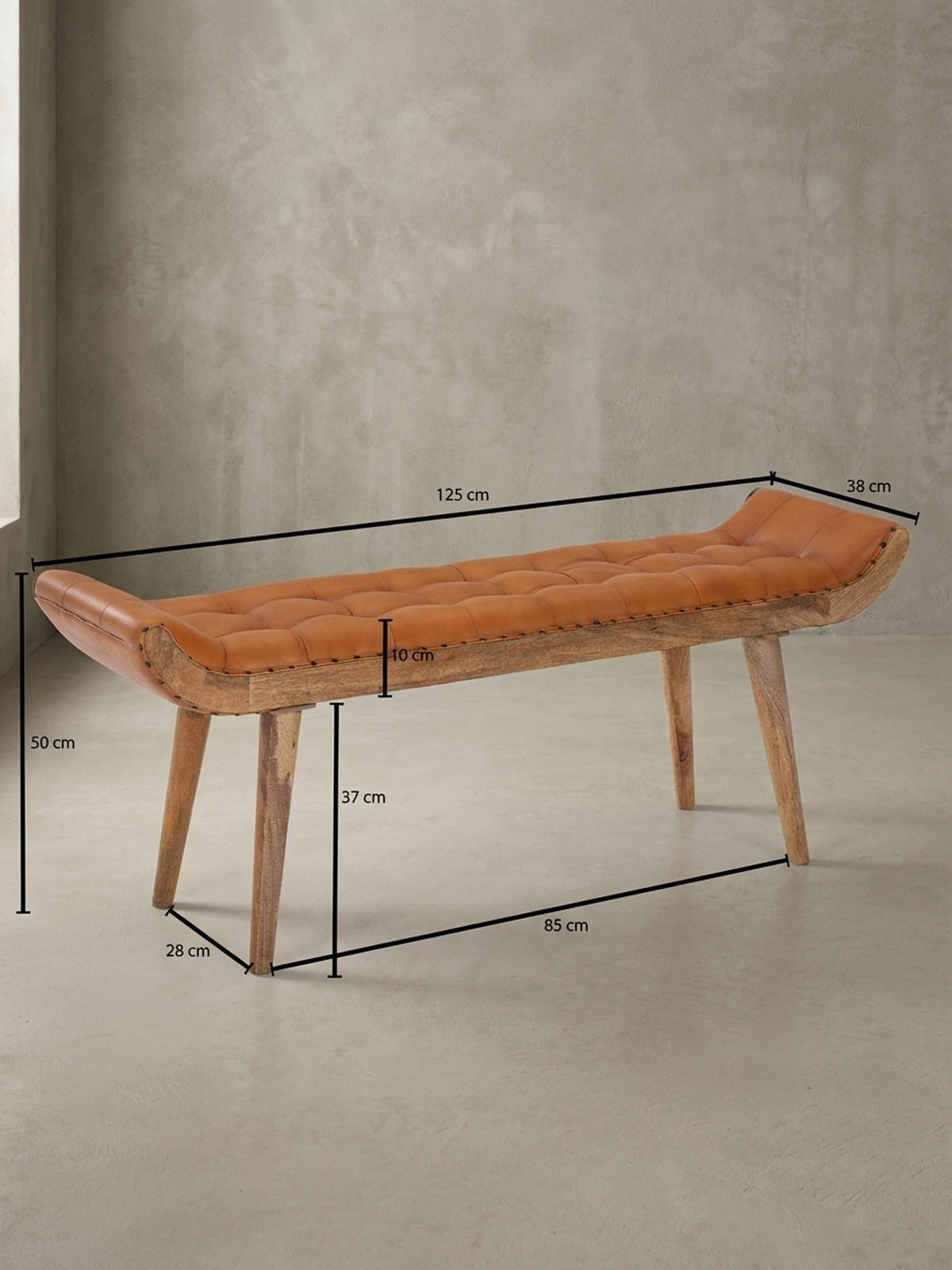 SITZBANK Massivholz Chesterfield Muster, Braun 125x38x50 cm - Braun, Mangoholz/Leder (125/50/38cm) - KADIMA DESIGN