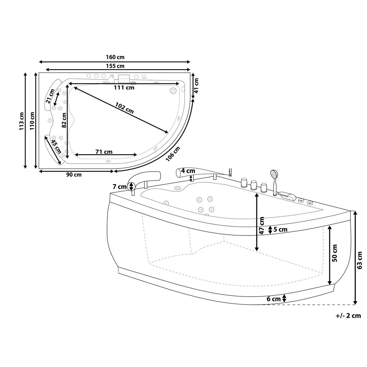 WHIRLPOOL BADEWANNE mit LED 113x160x63 cm weiß Paradiso - Weiß, Kunststoff (113/63/160cm) - Beliani