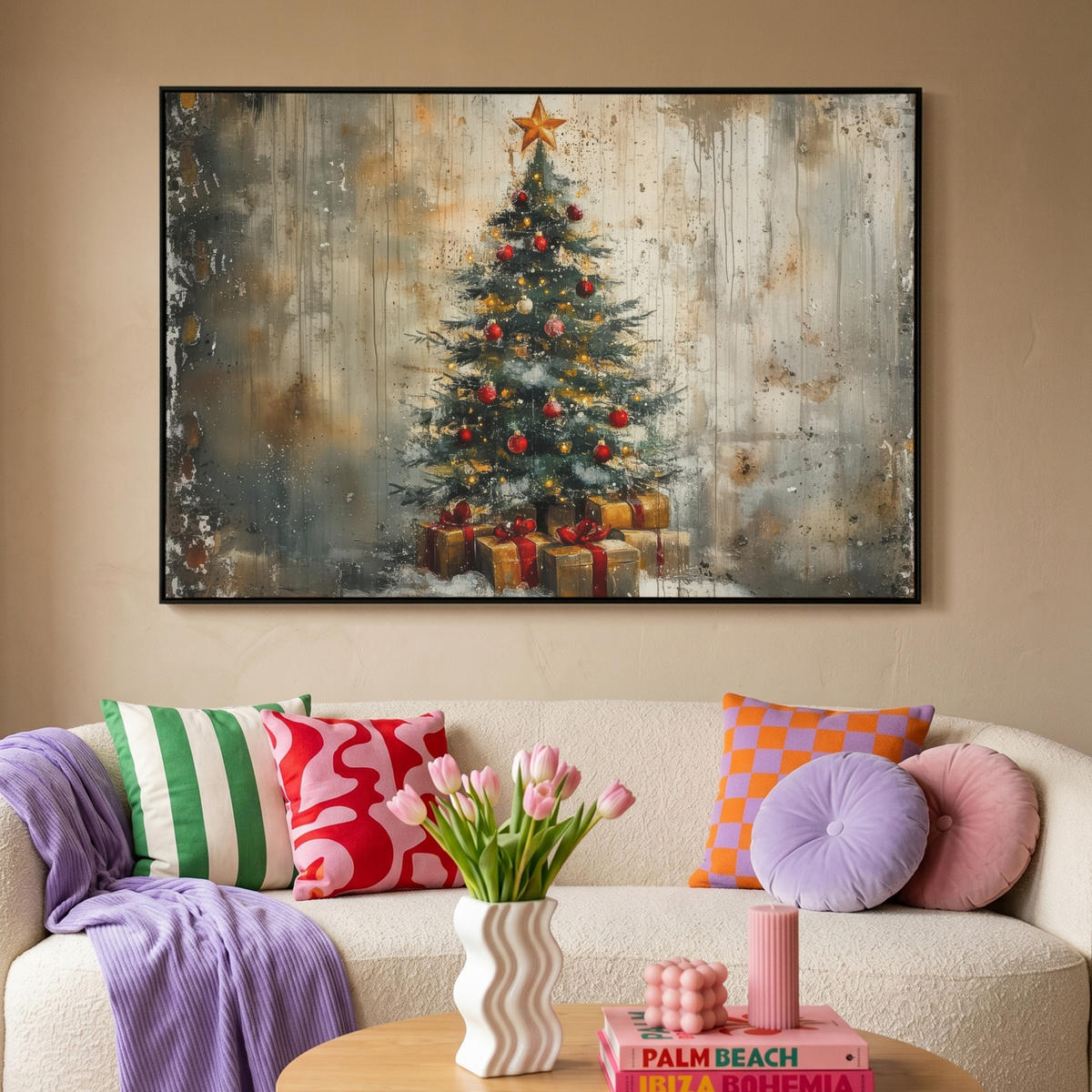 LEINWAND Bilder mit Rahmen - Weihnachtsbaum - Vintage - Weihnachten - Geschenk - 120x80 - Rostfarben, Textil (120/80cm) - MuchoWow