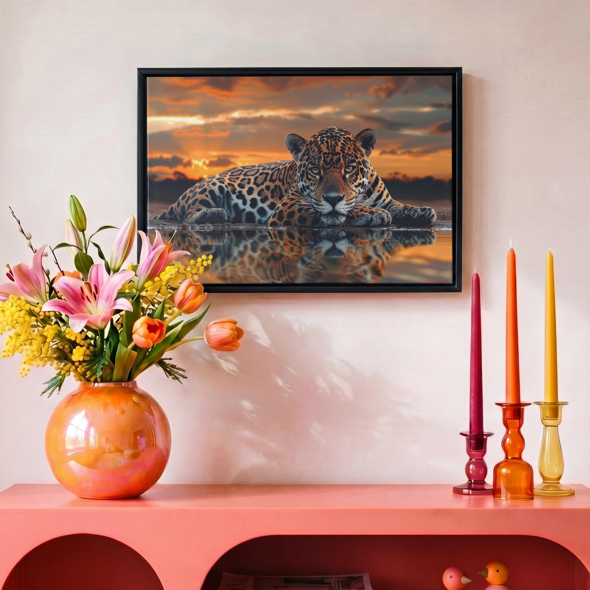 LEINWAND Bilder mit Rahmen - Natur - Leopard - Tier - Sonnenuntergang - Modern - 30x20 - Orange, Textil (30/20cm) - MuchoWow