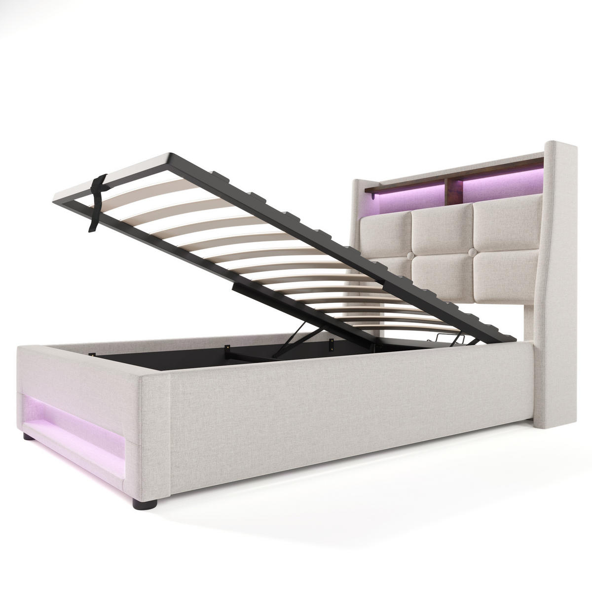 POLSTERBETT 90/200 cm in Beige mit USB-Anschluss, LED-Beleuchtung und Stauraum - Beige, Textil (90/200cm) - Flora Grace