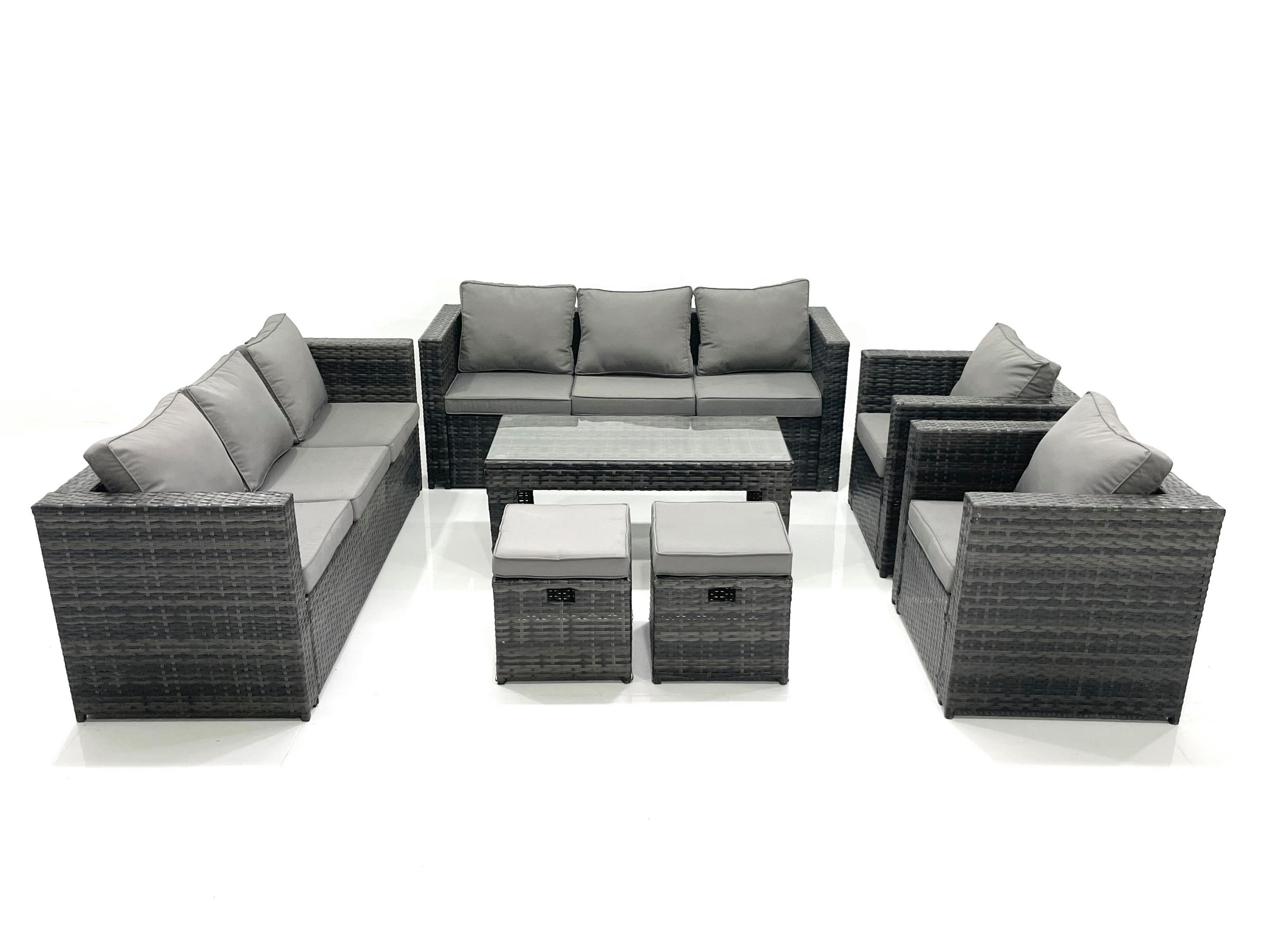 GARTENMÖBEL COUCHTISCH SET mit Sofa Polyrattan Outdoor 10-Sitzer - Dunkelgrau/Grau, Glas/Kunststoff - Fimous