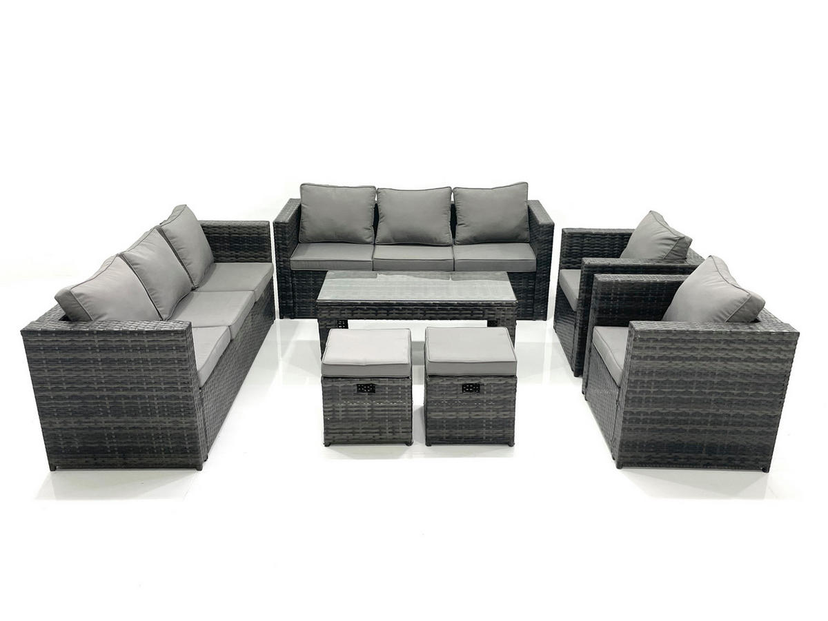 GARTENMÖBEL COUCHTISCH SET mit Sofa Polyrattan Outdoor 10-Sitzer - Dunkelgrau/Grau, Glas/Kunststoff - Fimous