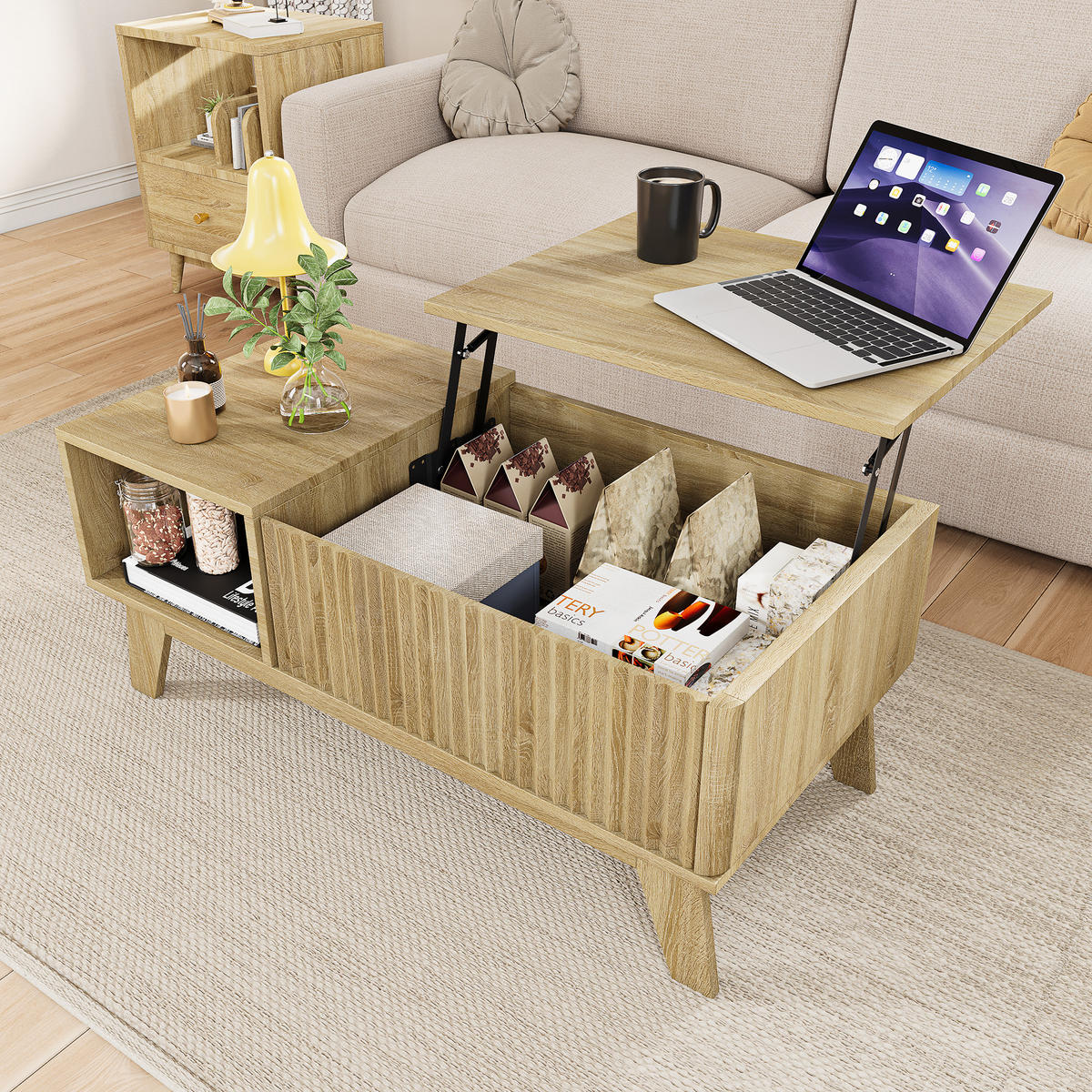 COUCHTISCH höhenverstellbar, holzoptik, mit stauraum - Eichefarben, Holz (95/48/42cm) - SHOPENTRA