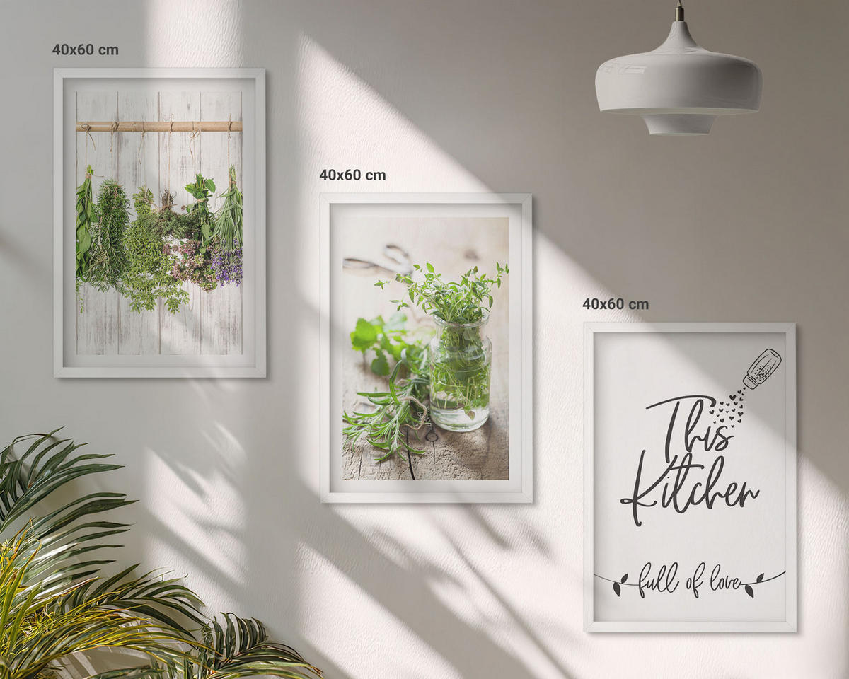 WANDBILDER 3er-Set - 40x60 cm Weißer Rahmen - Küchenthema: Getrocknete Kräuter - Weiß, Kunststoff (40/60cm) - ArtPrintCave