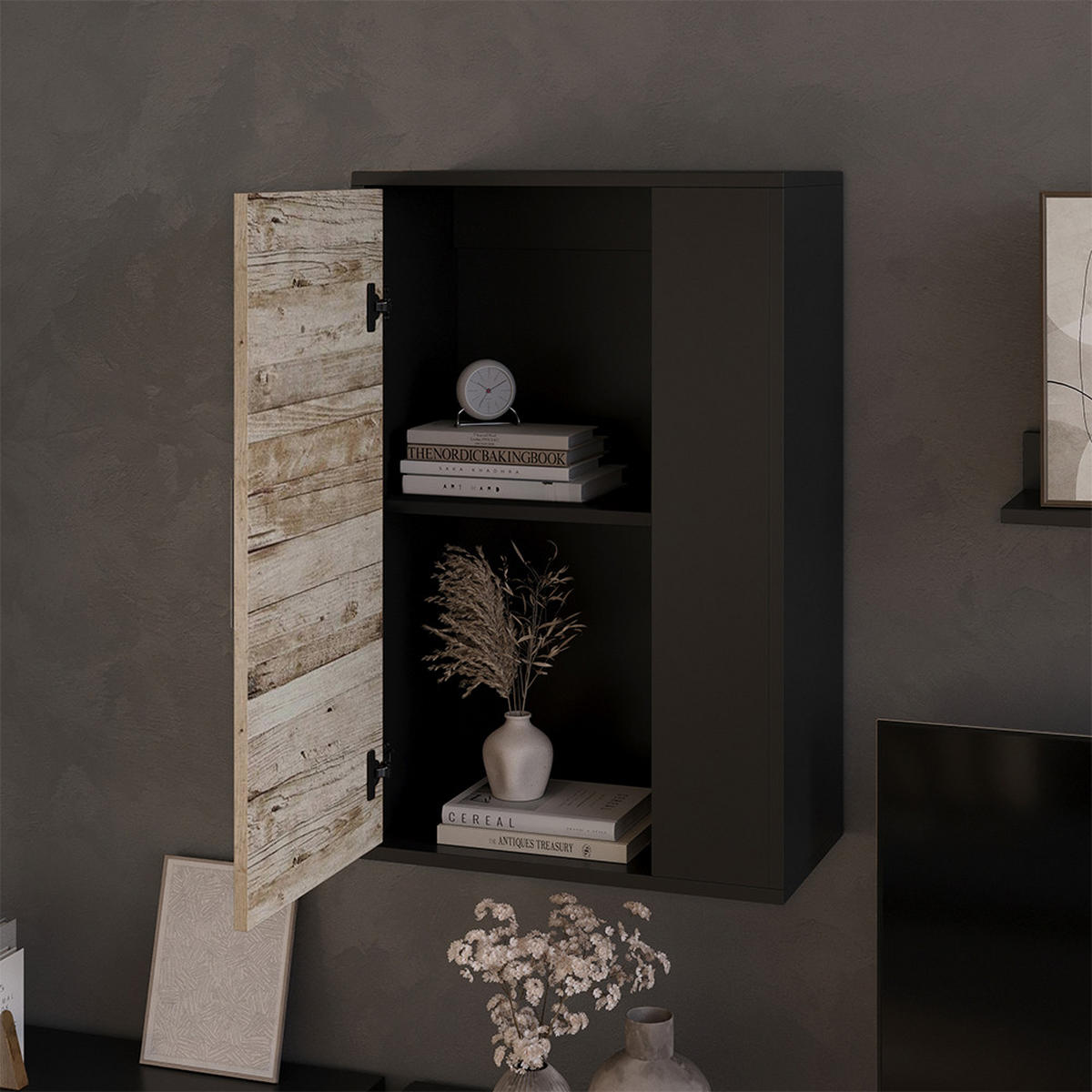 NÁSTĚNNÁ POLICE Berno Černý/pískový dub - černá/Sonoma dub, kompozitní dřevo (50.1/78.4/28.3cm) - Vicco