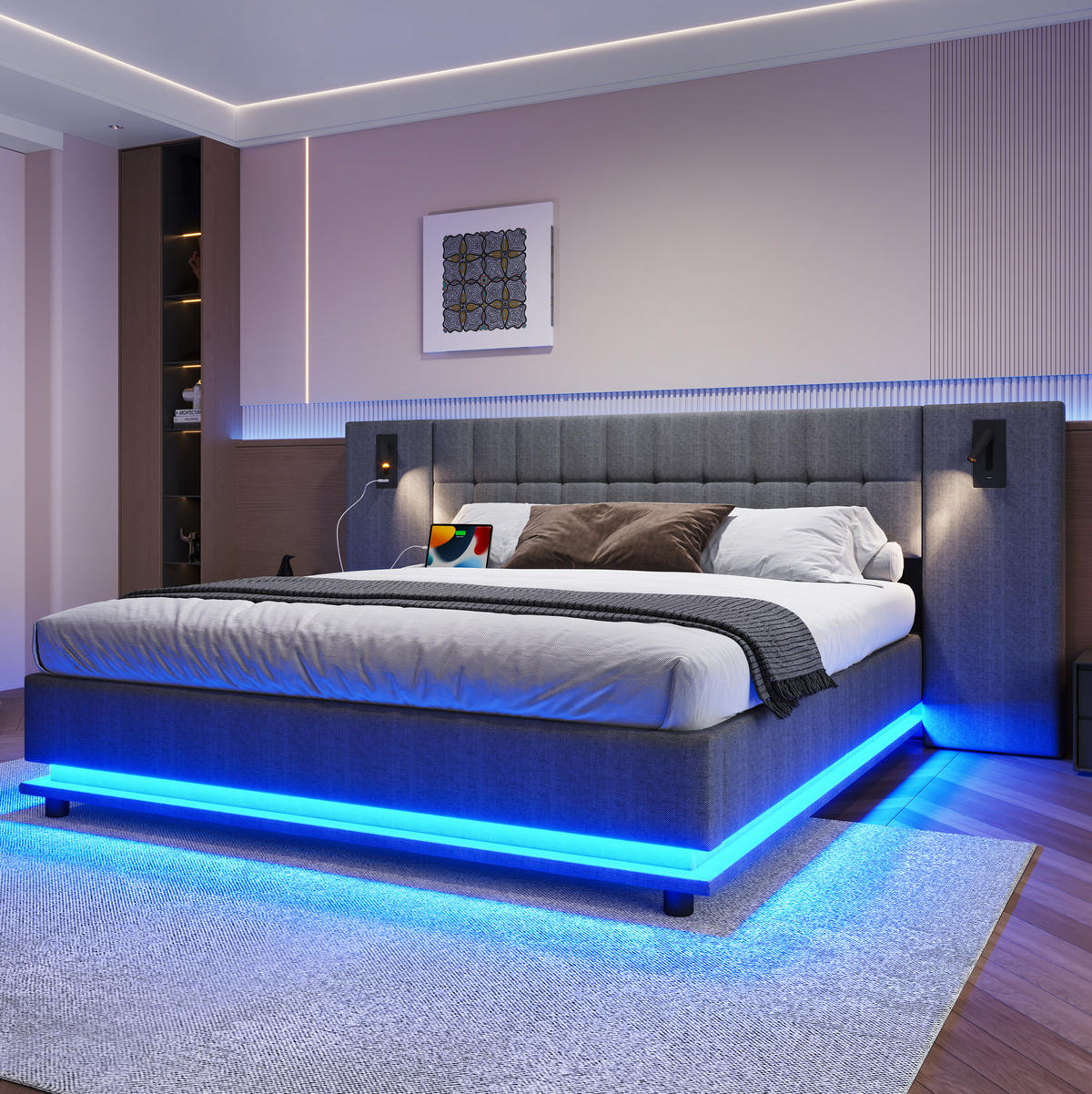 TAPECIRANI krevet 180/200 cm sivi od lana s LED rasvjetom, USB priključkom i uzglavljem sa spot svjetlom - siva, tekstil (180/200cm) - OKWISH