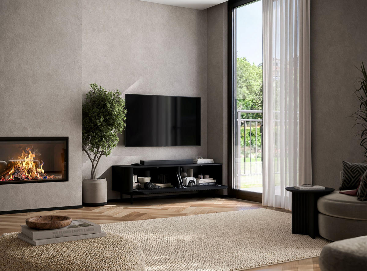 TV komoda Aurora matná čierna 140 cm s kovovým rámom - čierna, kov/kompozitné drevo (140/44/35cm) - Meble Lindner
