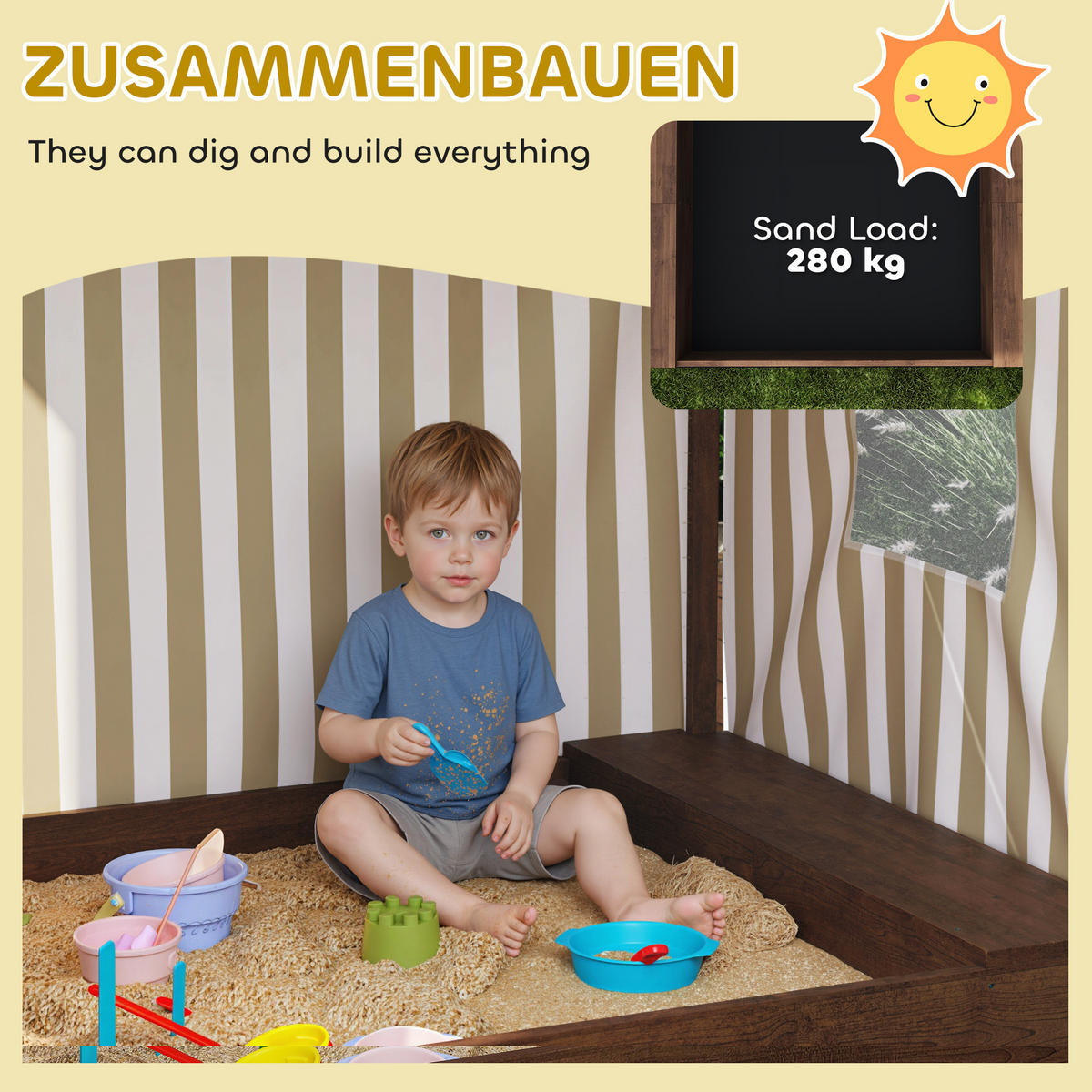 SANDKASTEN mit Vordach und Netztür 142 x 101,5cm Sandkiste aus Holz mit Sitzbank - Braun, Holz (142/101.5/131cm) - AIYAPLAY