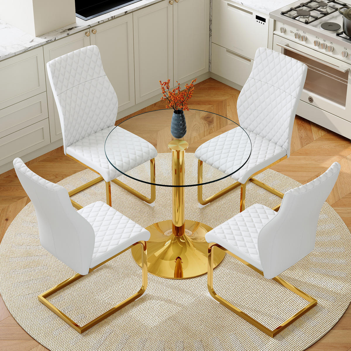 ESSGRUPPE DE-39470 5-teilig, Glastisch und 4 Stühlen mit Rautenmuster Weiß - Weiß, Metall (85/75/85cm) - ComfortXL