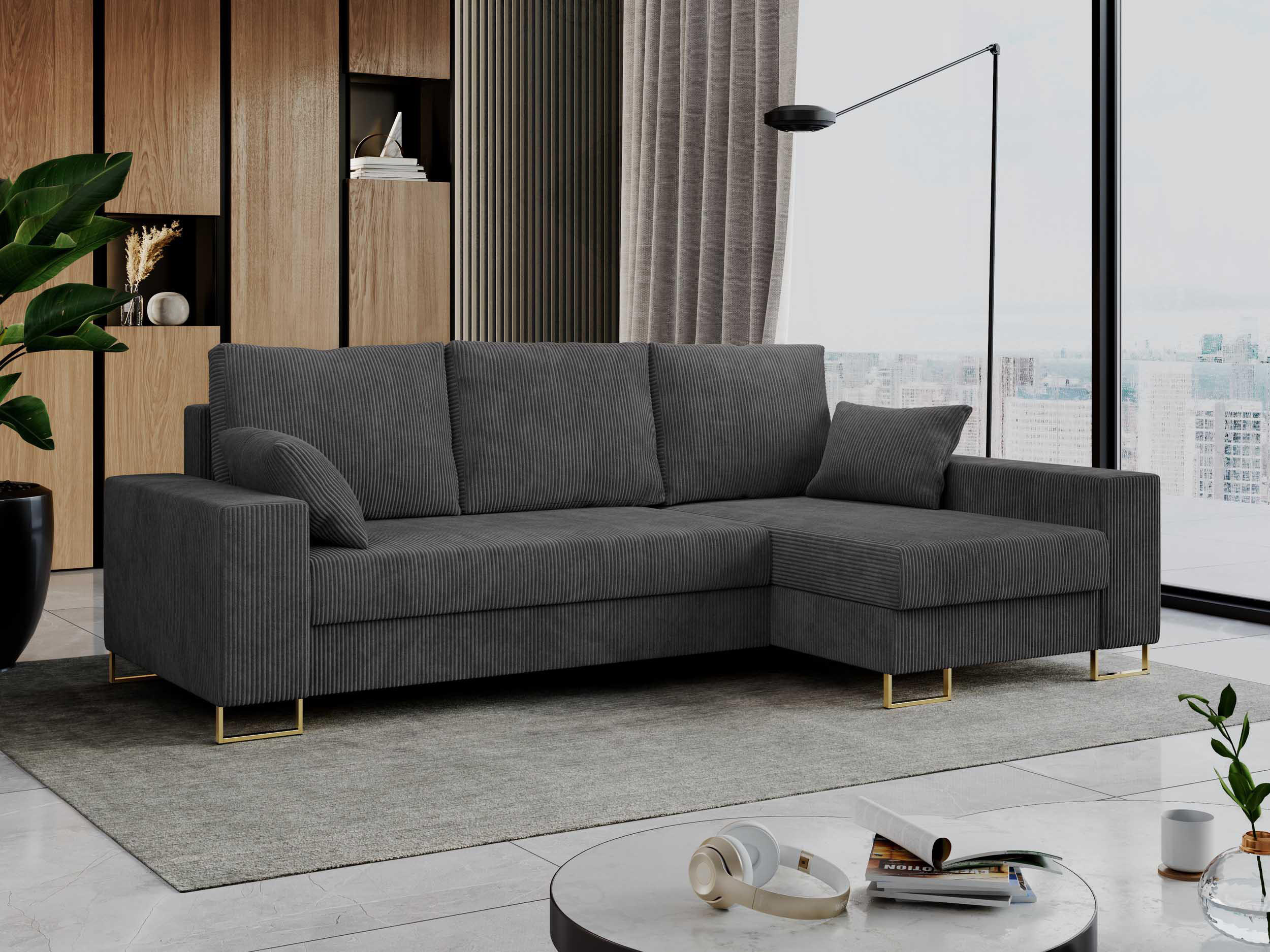ECKSOFA Dorian Cord Dunkelgrau - Dunkelgrau/Goldfarben, Textil/Metall (242/138cm) - MKS