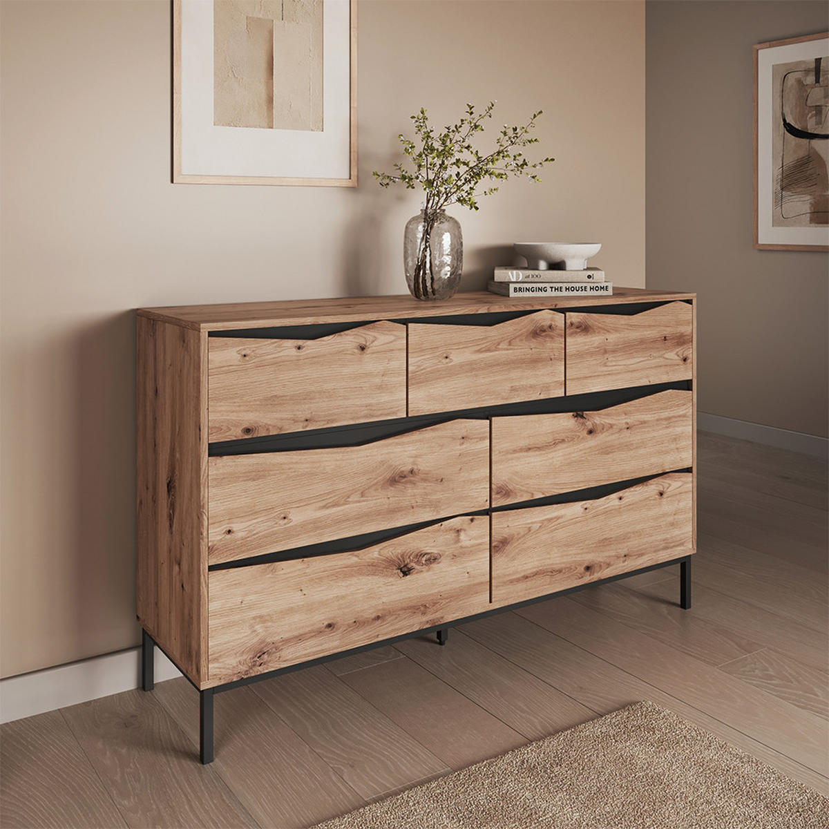 SIDEBOARD Elvano, Eiche/Schwarz, 140 x 85 cm mit 7 Schubladen - Eichefarben/Schwarz, Holzwerkstoff (140/85/39cm) - Vicco