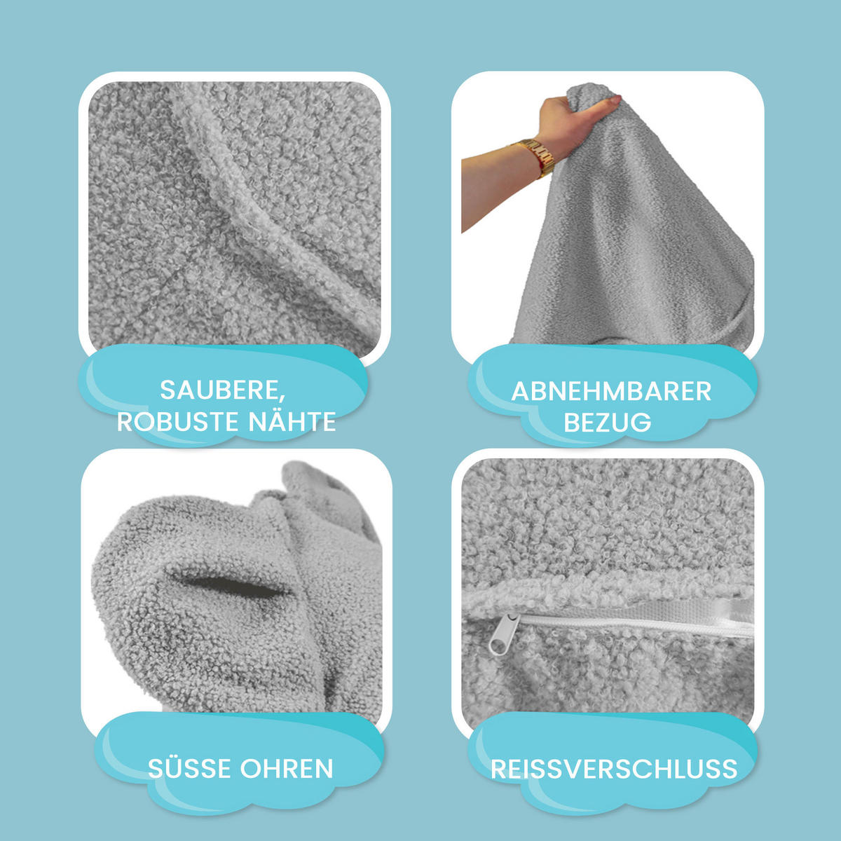 SITZSACK FÜR KINDER Maus 75/75/55 cm, weicher Bouclé 315 g/m², abnehmbarer Bezug, Pearl Grey - Hellgrau, Textil (75/55/75cm) - Dreamroots