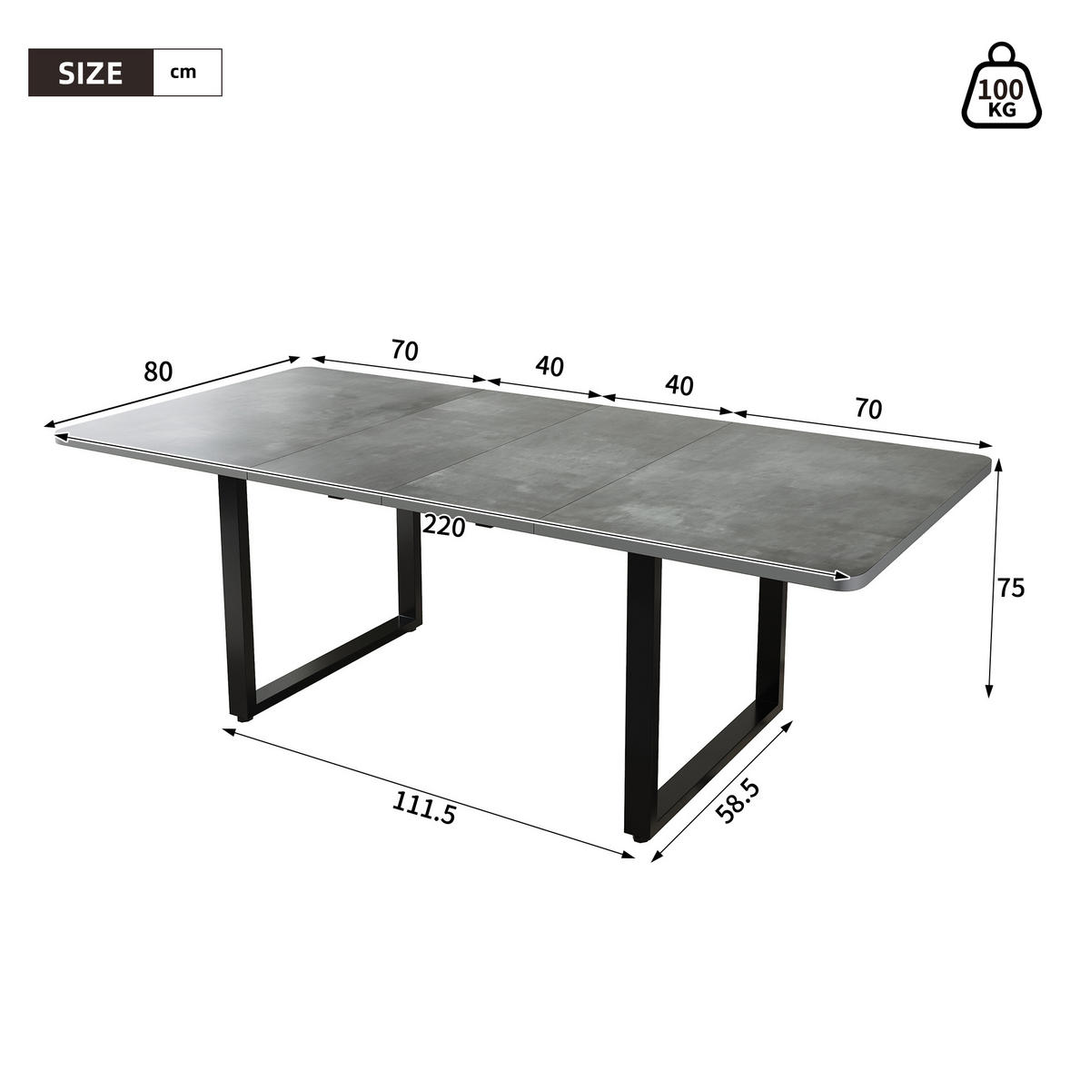 ESSTISCH Ausziehbarer Grau 140-180-220 cm MDF Metallbeine - Grau, Holz (90.7/77.5/14cm) - Raelunyi
