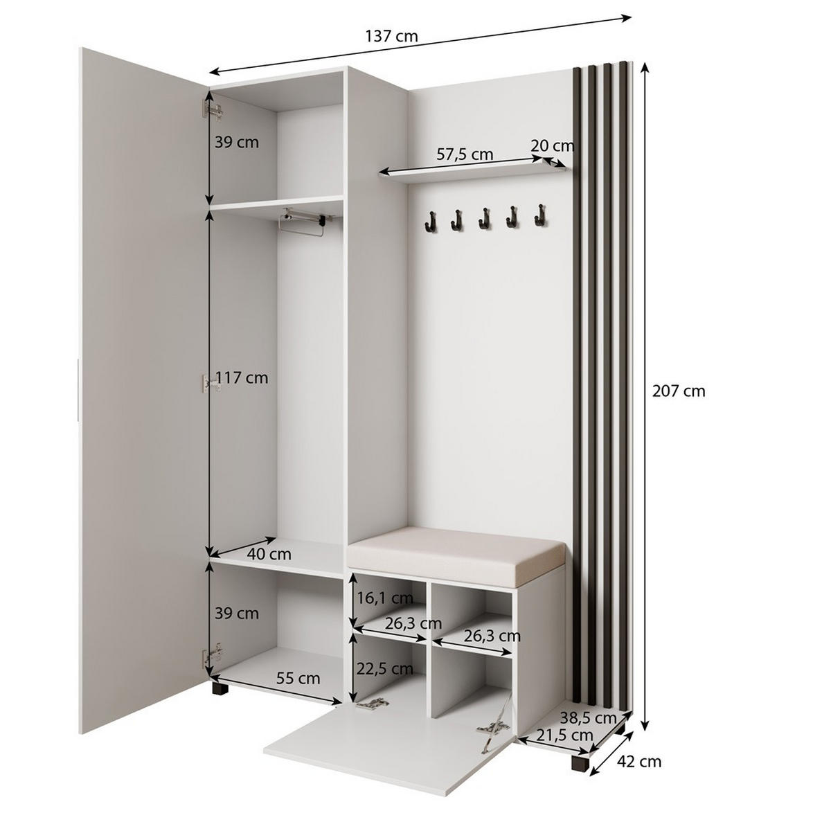 GARDEROBENSCHRANK Livia mit Aufhängern und Spiegel, Kaschmir, rechts - Kaschmir/Schwarz, Holzwerkstoff (137/207/42cm) - Beautysofa
