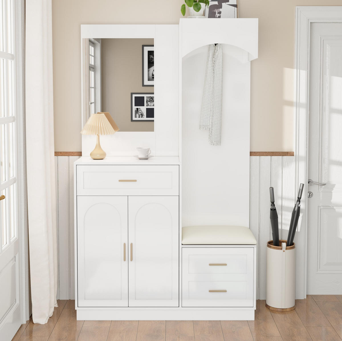 GARDEROBE 110/33/185,5 cm weiß aus MDF mit Spiegel, Schuhschrank und Sitzbank - Weiß, Holzwerkstoff (110/185.5/33cm) - OKWISH