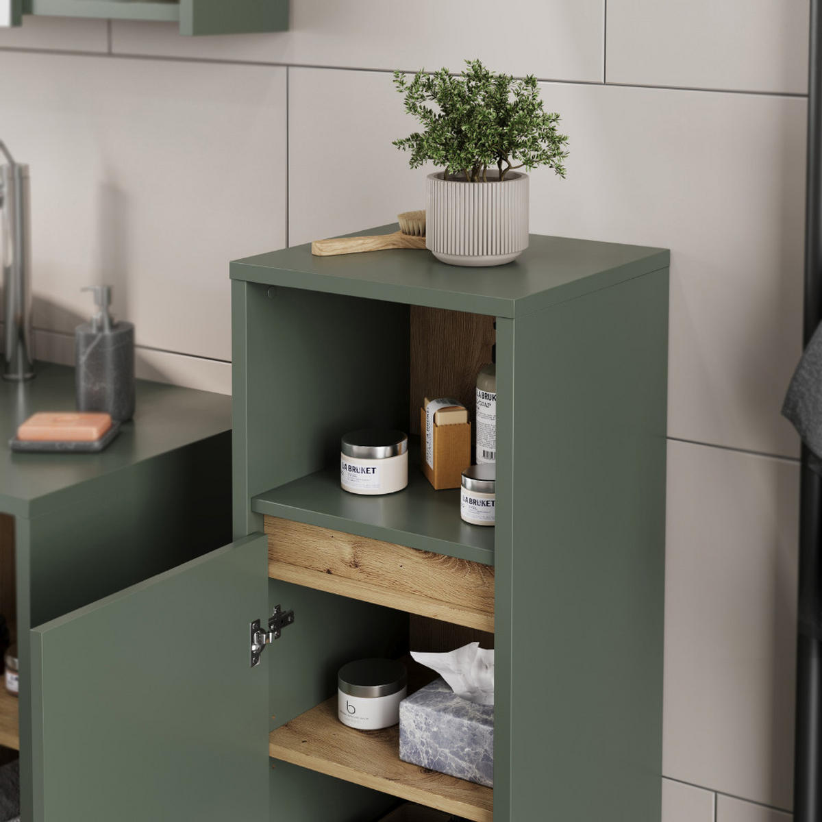 MIDISCHRANK Viola Grün/Artisan 33 x 80 cm mit Tür und offenem Regal - Eiche Artisan/Grün, Holzwerkstoff (33/80/37.8cm) - Vicco