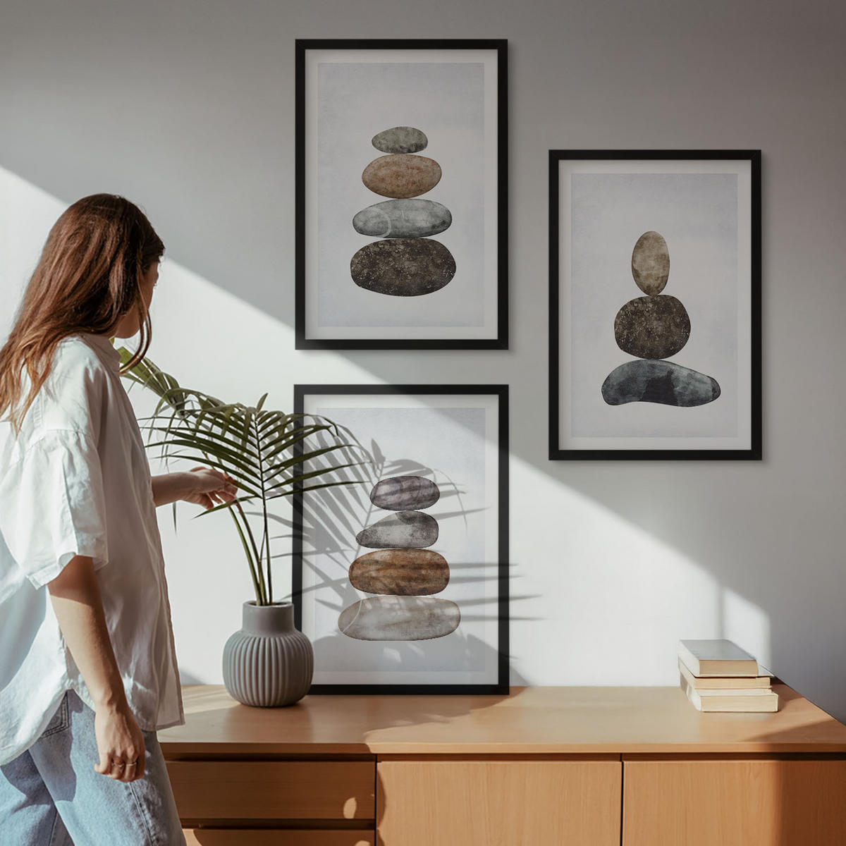 BILDER SET 3er Set - 40x60 cm Schwarzer Rahmen - Minimalistische Boho-Steine - Schwarz, Kunststoff (40/60cm) - TULUP