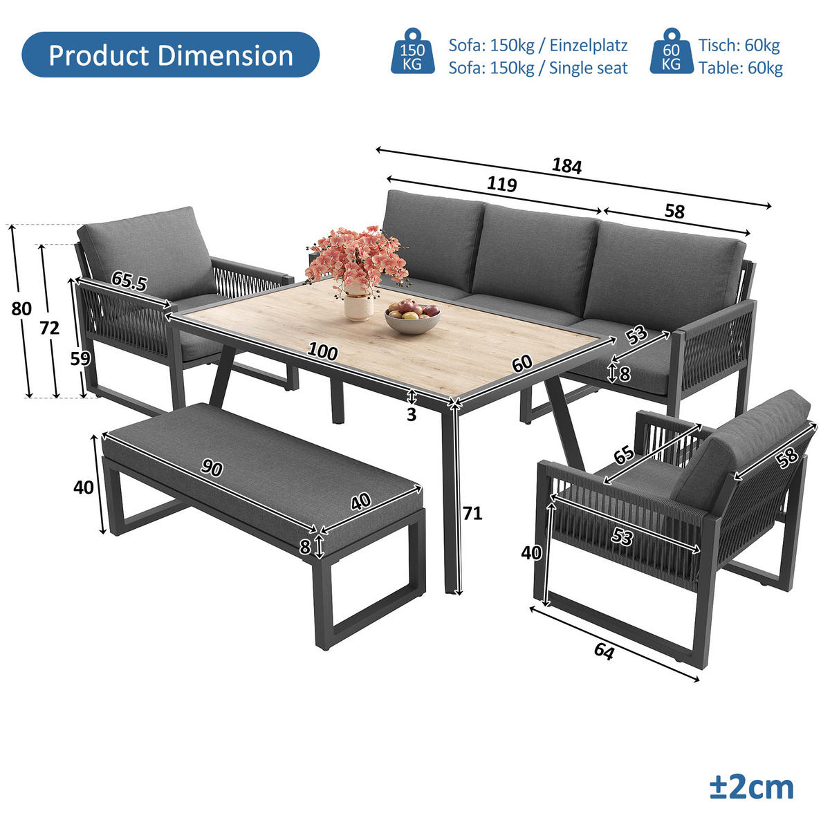 GARTENLOUNGE-SET 184/64/80 cm mit Tisch, Seilgeflecht, Glasplatte und Polsterkissen, Grau - Grau, Metall - Redom