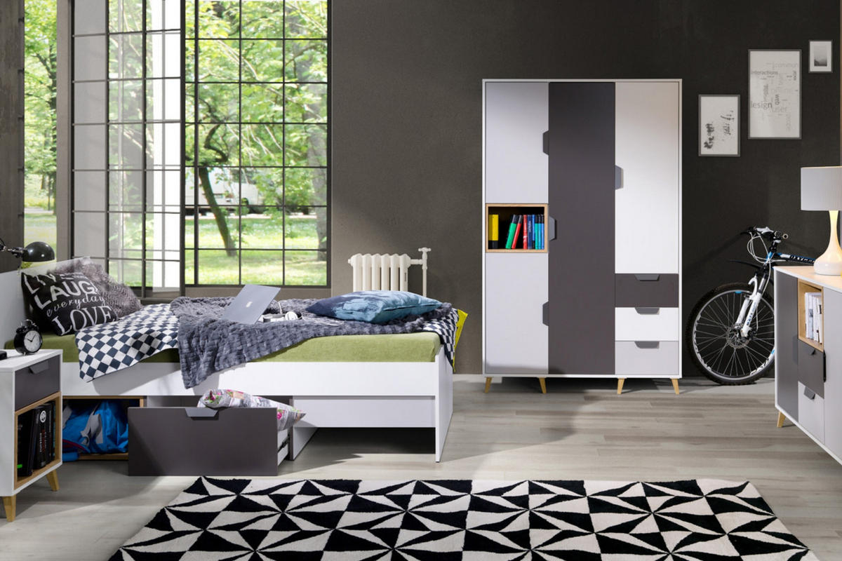 JUGENDBETT JUSTIN 15 90/200 cm in Weiß / Graphit / Grau / Eiche - Eichefarben/Graphitfarben, Holzwerkstoff (95/96/204cm) - Deine Möbel 24