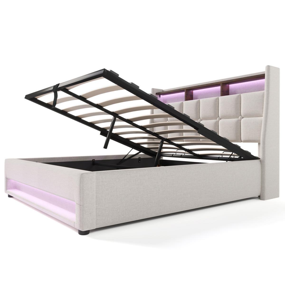 POLSTERBETT mit LED-Beleuchtung 140/200 cm mit Bettkasten, USB und Matratze - Beige, Textil (140/200cm) - BEAOK