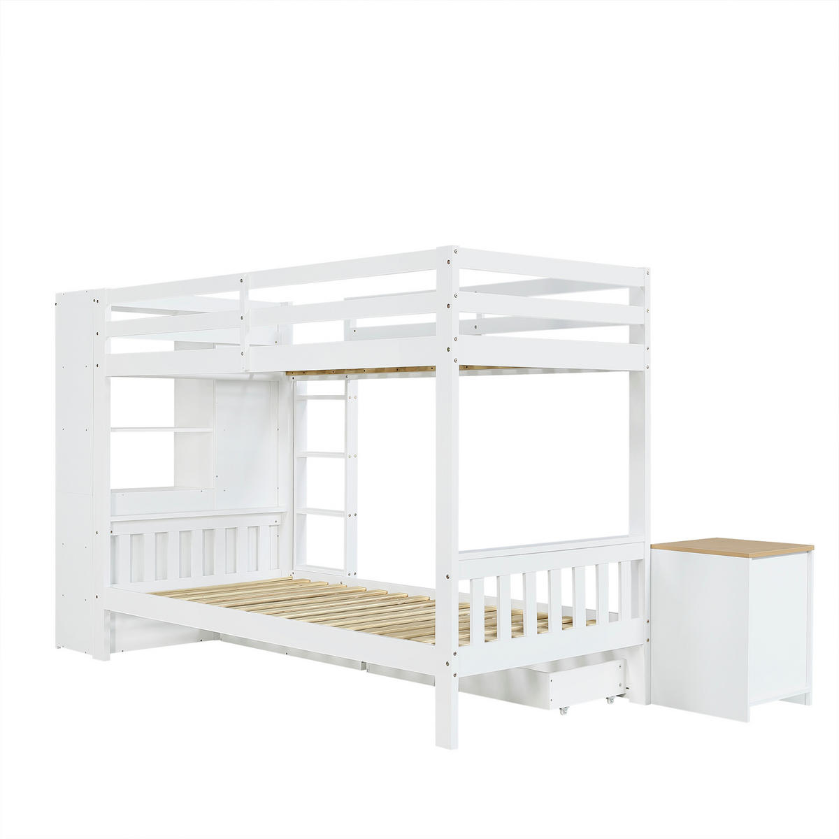 ETAGENBETT 90/200 cm mit 2 Bettkästen und Stauraumregal, DE-41776, in Weiß/Natur - Weiß, Holzwerkstoff (90/200cm) - ComfortXL