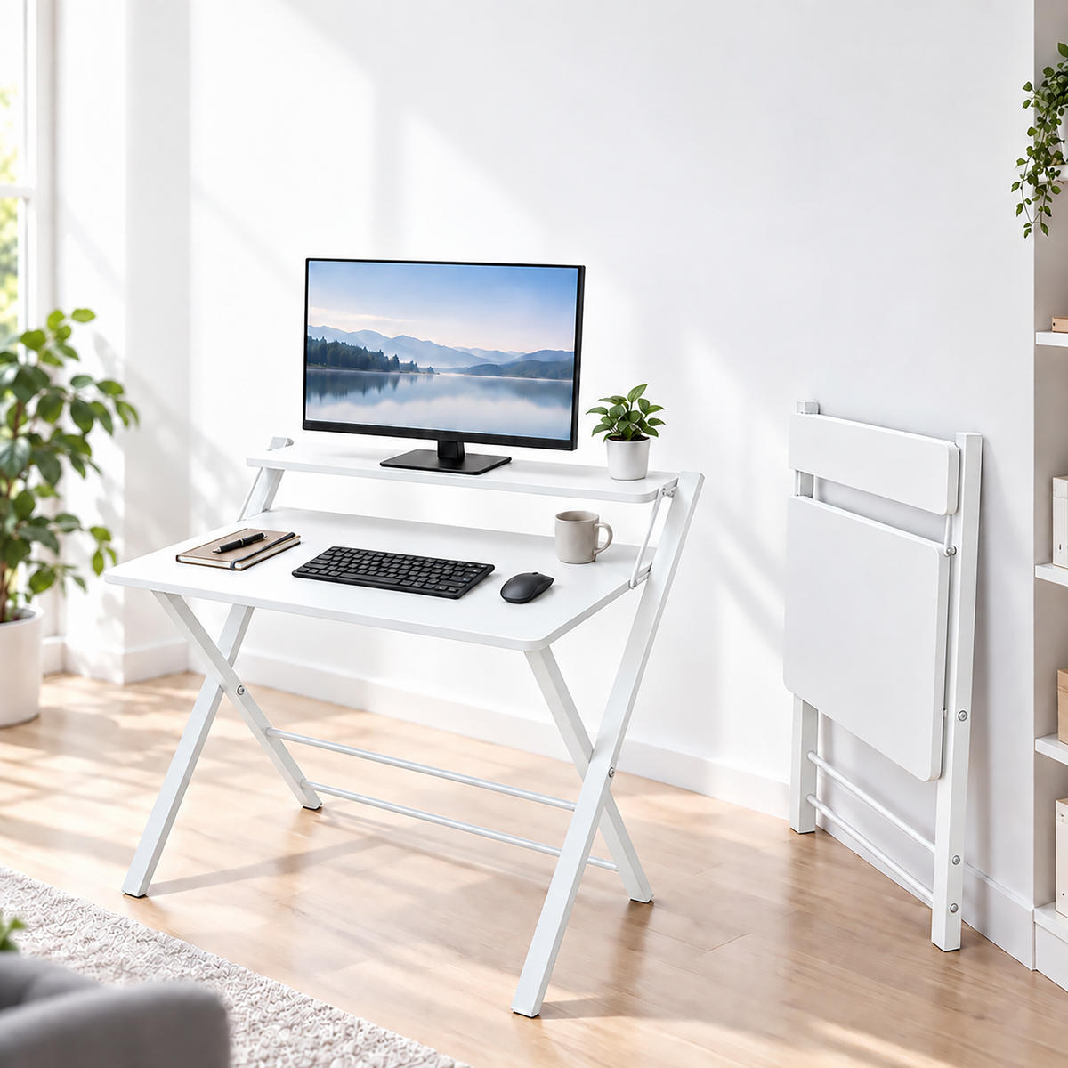 SCHREIBTISCH Weiß klappbar mit Monitoraufsatz 70x56 cm - Weiß, Holzwerkstoff/Metall (56/70/82cm) - Relaxdays