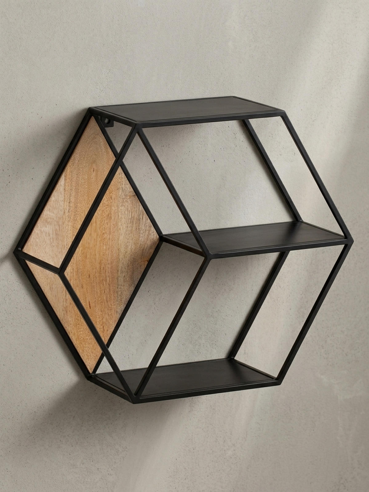 WANDREGAL Mango Massivholz Metall Industrial Stil 60x52x20 cm Sechseckig mit 3 Ablagen - Schwarz, Holz (60/52/20cm) - KADIMA DESIGN