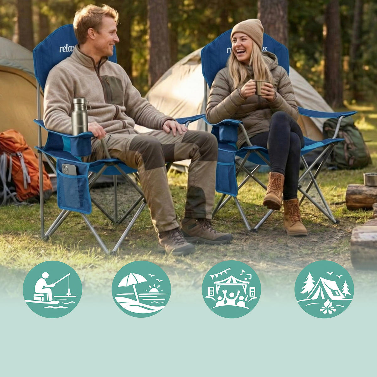 CAMPINGSTUHL Blau faltbar Armlehnen Getränkehalter Tragetasche 108x86x61 cm - Blau, Kunststoff/Textil (86/108/61cm) - Relaxdays