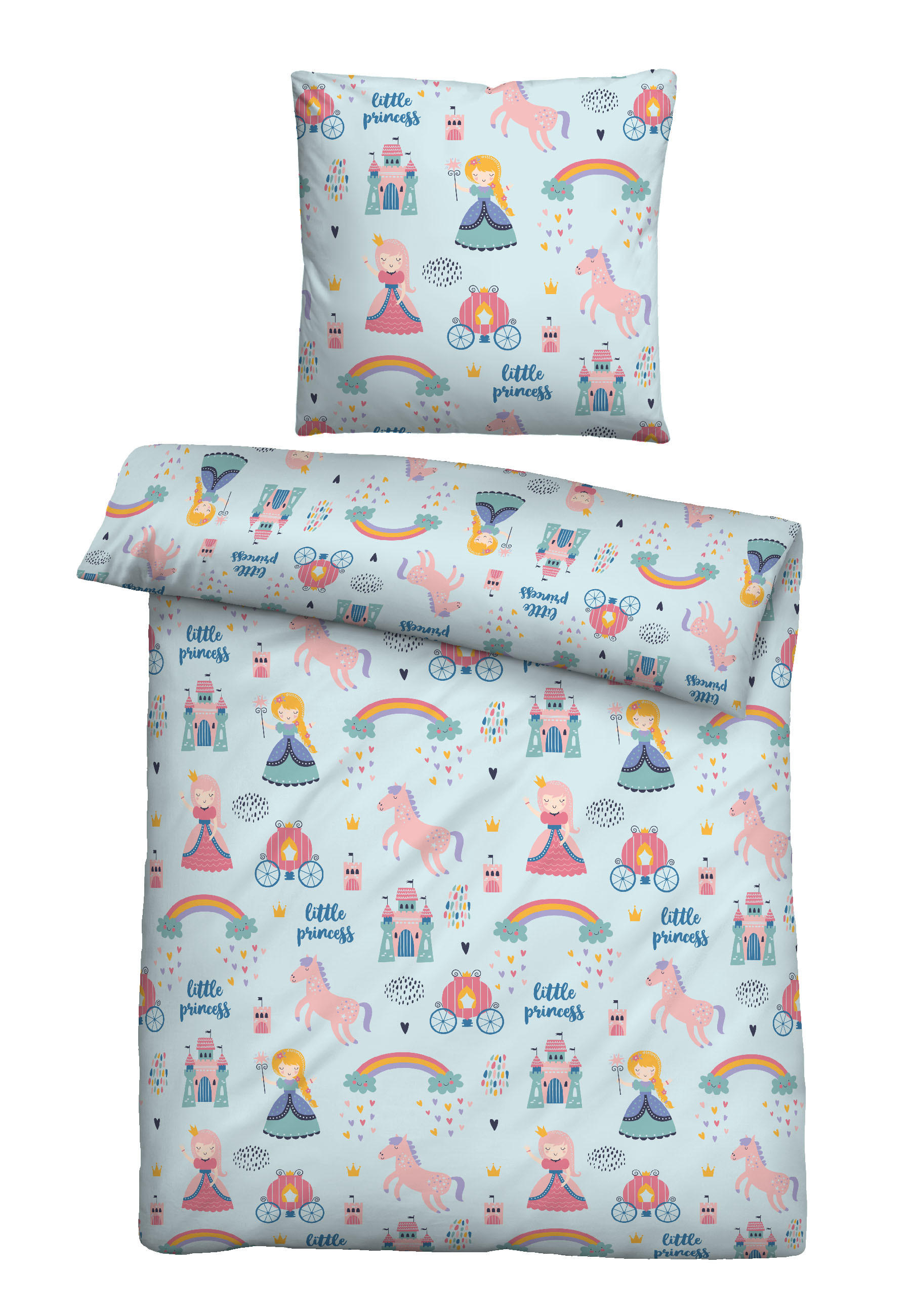 BETTWÄSCHE-GARNITUR Premium Biber Little Princess ciel, 135x200 cm + 80x80 cm - Hellblau, Textil (135/200cm) - biberna
