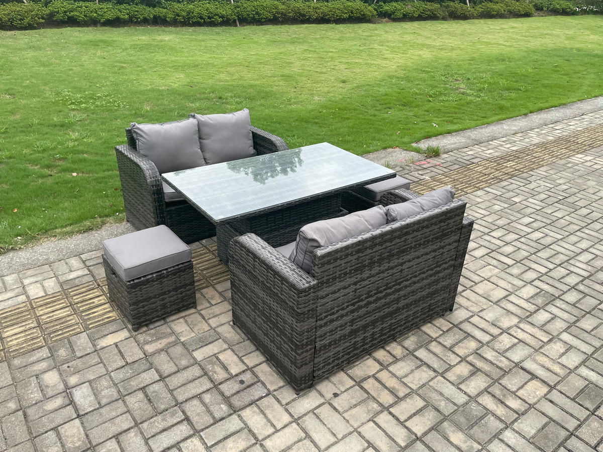 GARTENMÖBELSET Polyrattan 6-Sitzer - Dunkelgrau, Metall - Fimous