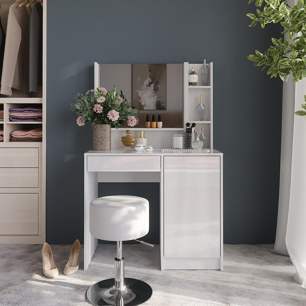 SCHMINKTISCH Sherry Weiß/Weiß Hochglanz 89.8 cm 4 Teile - Weiß Hochglanz, Holzwerkstoff (89.8/76/50.1cm) - Vicco