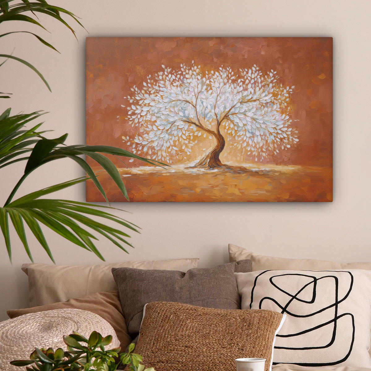 LEINWANDBILD Abstrakt - Baum - Weiß - Blätter Wanddeko 90x60 cm - Braun, Textil (90/60cm) - MuchoWow