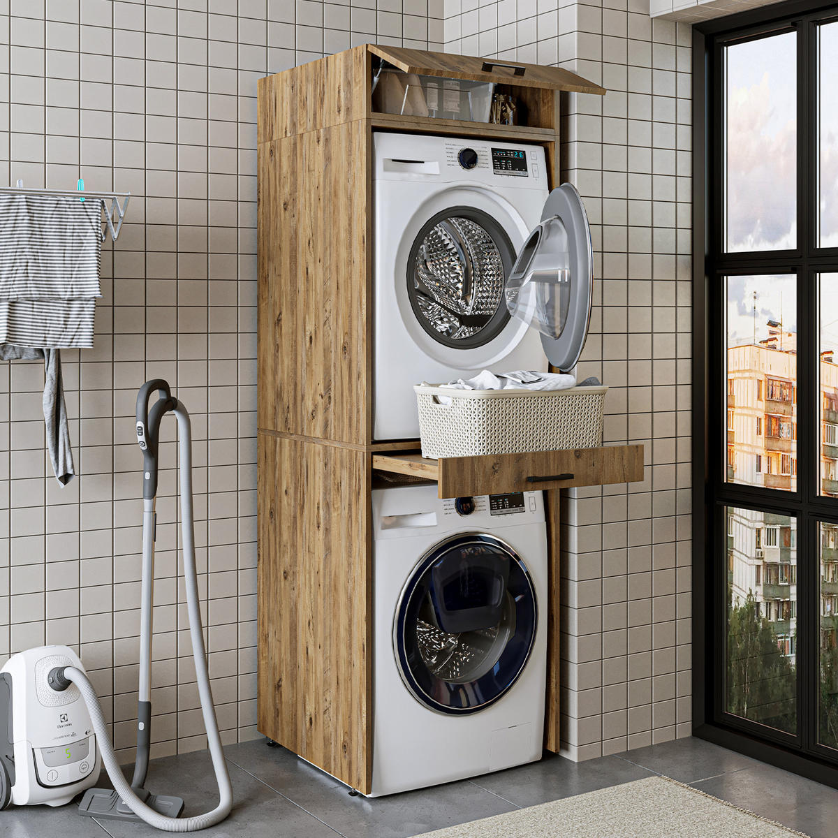 WASCHMASCHINENSCHRANK DUO-I 67cm Breit, 205cm Hoch - Eichefarben, Holzwerkstoff (67/205/67cm)