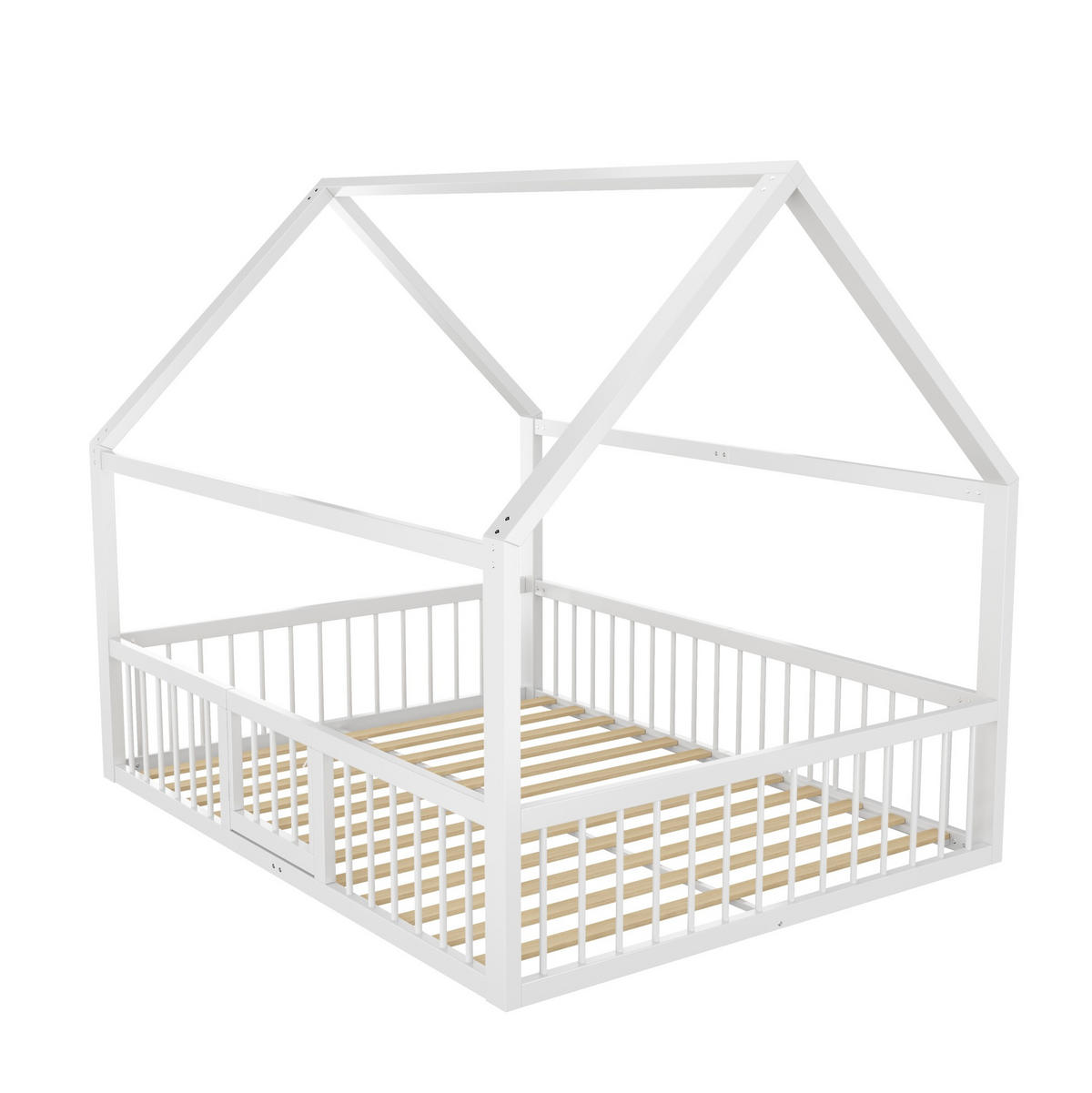 POSTEL 140/200 cm bílá z kovu s domkovou střechou a bezpečnostními zábranami - bílá, kov (140/200cm) - OKWISH
