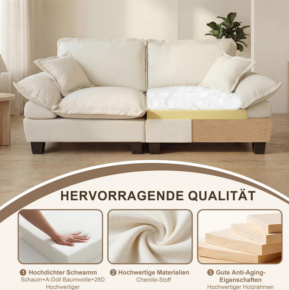 ECKSOFA 263/151/90 cm Beige aus Chenille mit 2 Ottomanen - Beige, Textil (151/263cm) - OKWISH