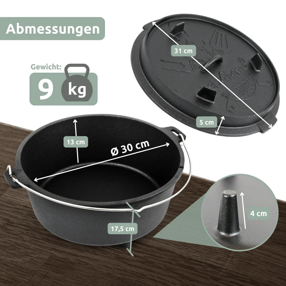 DUTCH OVEN 9 Liter Gusseisen EDOS mit Zubehör - Schwarz, Metall (31/13/31cm) - DELUKE