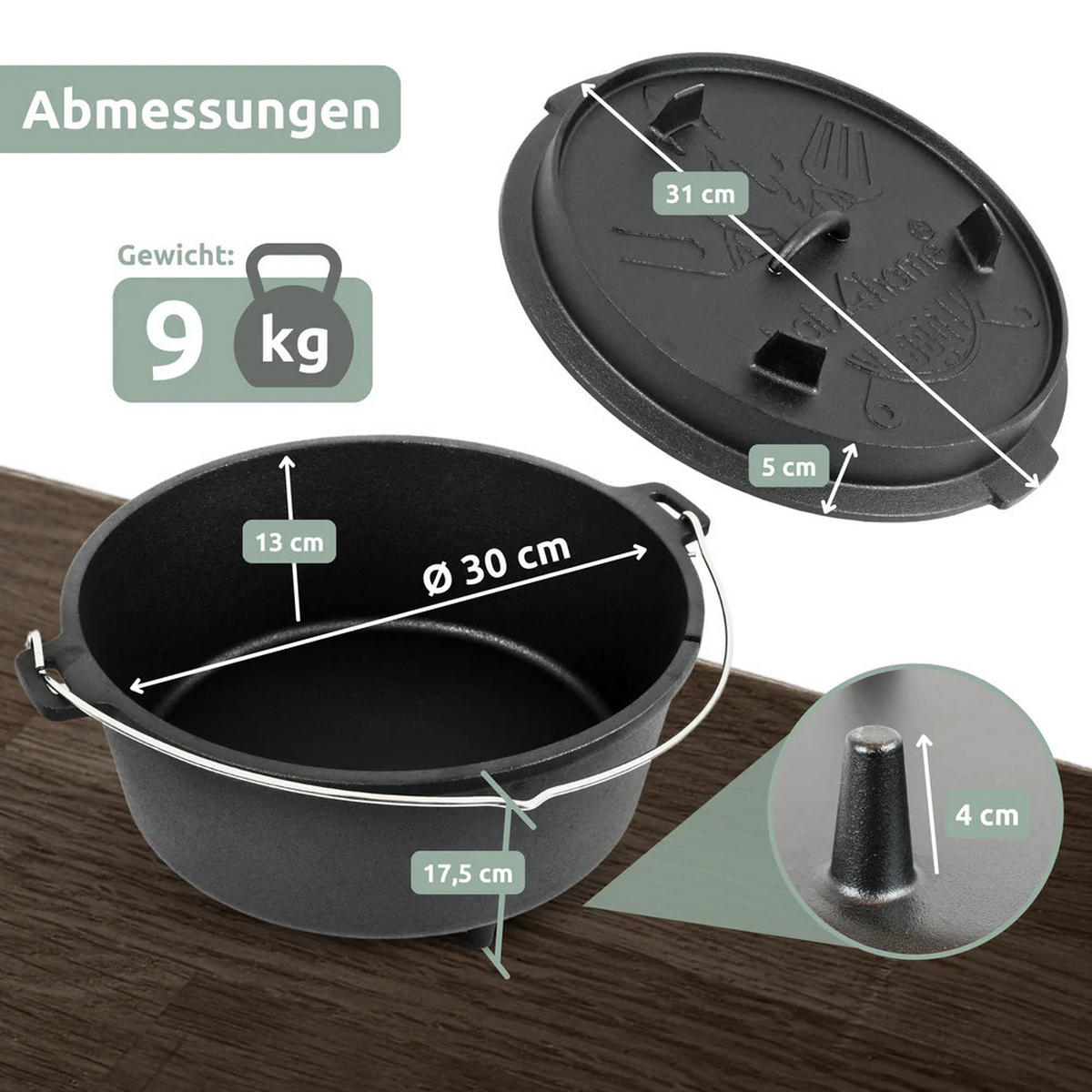 DUTCH OVEN 9 Liter Gusseisen EDOS mit Zubehör - Schwarz, Metall (31/13/31cm) - DELUKE