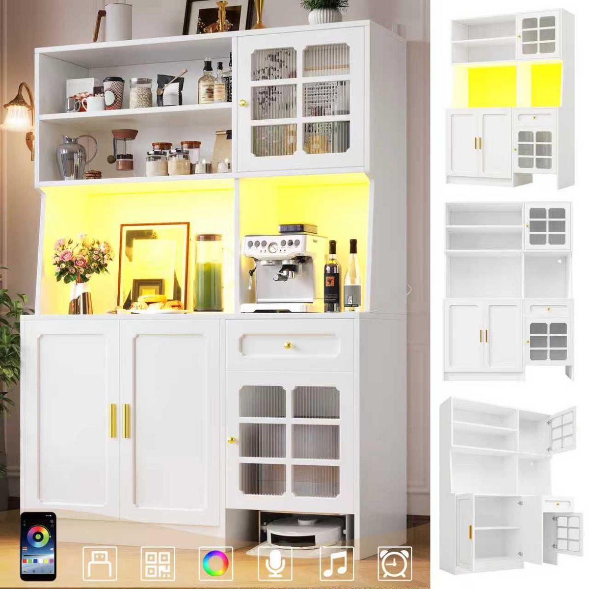 KÜCHENSCHRANK 130x45x180 cm, Glastüren, LED-Beleuchtung, Schubladen, Weiß - Weiß, Holzwerkstoff (130/180/45cm) - FOHERE
